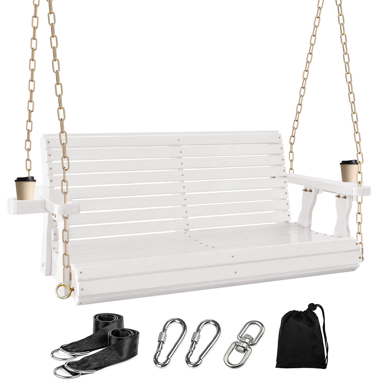 4FT Wooden Porch Swing w/Cupholders,Heavy Duty 800LBS Outdoor Swing Bench w/Chains,Patio Roll Back Swing Chair Bench,Front Porch 2-Person Hanging Bench,for Garden Courtyard Lawn & Balcony Backyard RELIANCER
