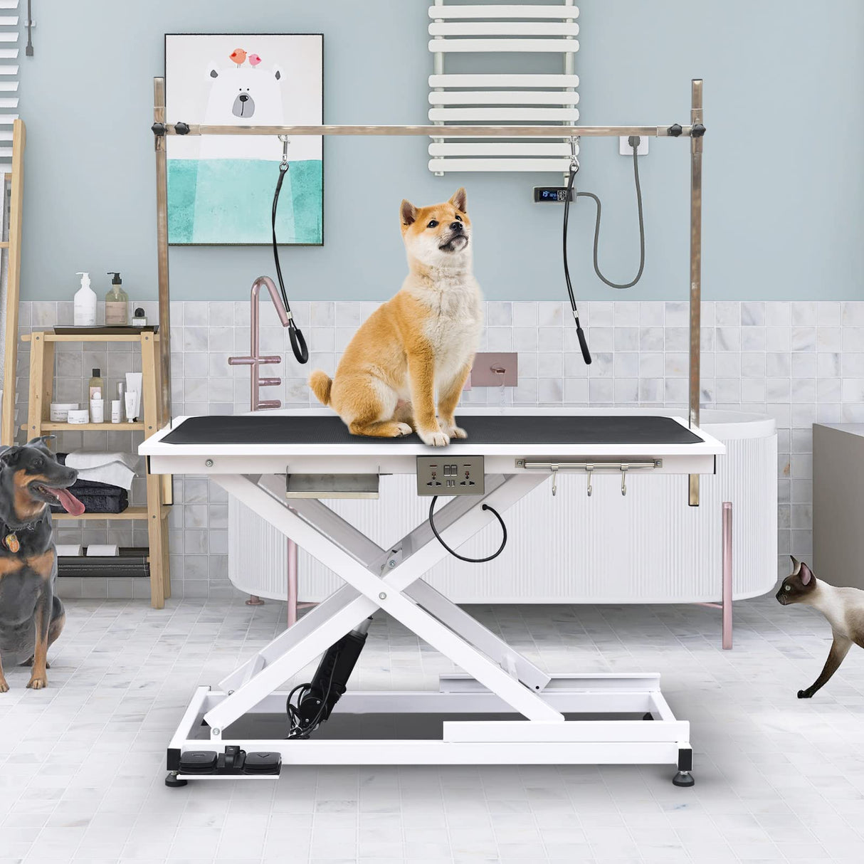 SoarFlash 49.6” Electric Lift Pet Dog Grooming Table,Heavy Duty Electric Grooming Table for Dogs&Cats,Heavy Duty Height Adjustable with Overhead Arm, Clamps, Two Grooming Noose SoarFlash