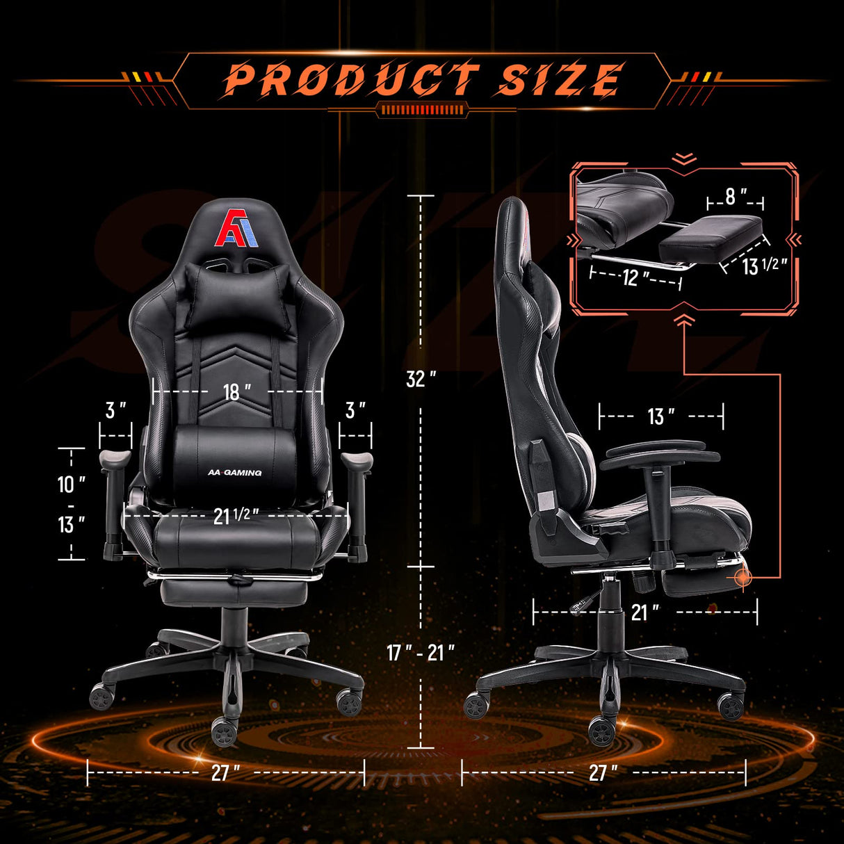 AA Products Gaming Chair Ergonomic High Back Computer Racing Chair Adjustable Office Chair with Footrest, Lumbar Support Swivel Chair - Black AA Products Inc.