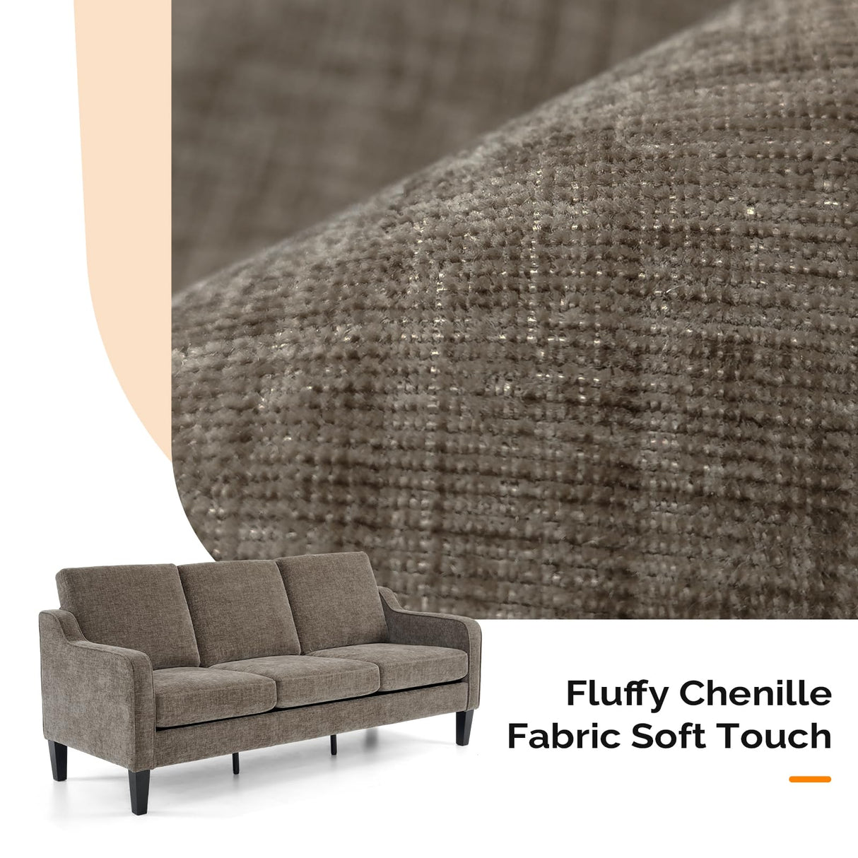 VINGLI Couches for Living Room, Brown 71" Small Sofa Mid Century Modern Couches 3 Seater Comfy Couch Upholstered Soft Chenille Floor Couch for Bedroom, Apartment, Office VINGLI