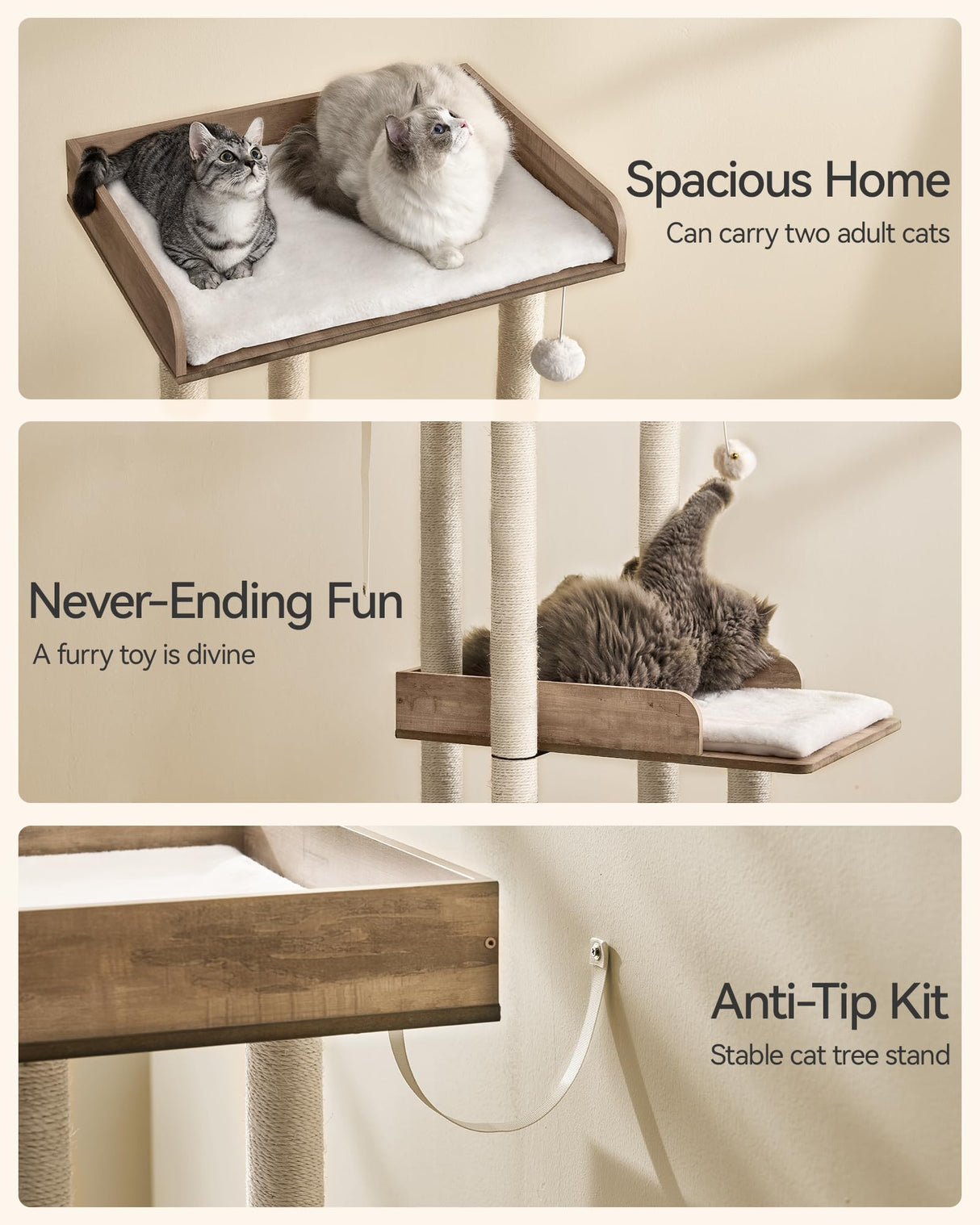 FourFurPets 43.7" Cat Tree, Modern Cat Tree Tower, Cat Tower for Indoor Cats Large Adult, Cat Condo with Scratching Post, Large Perch and Removable Pads, Greige FourFurPets