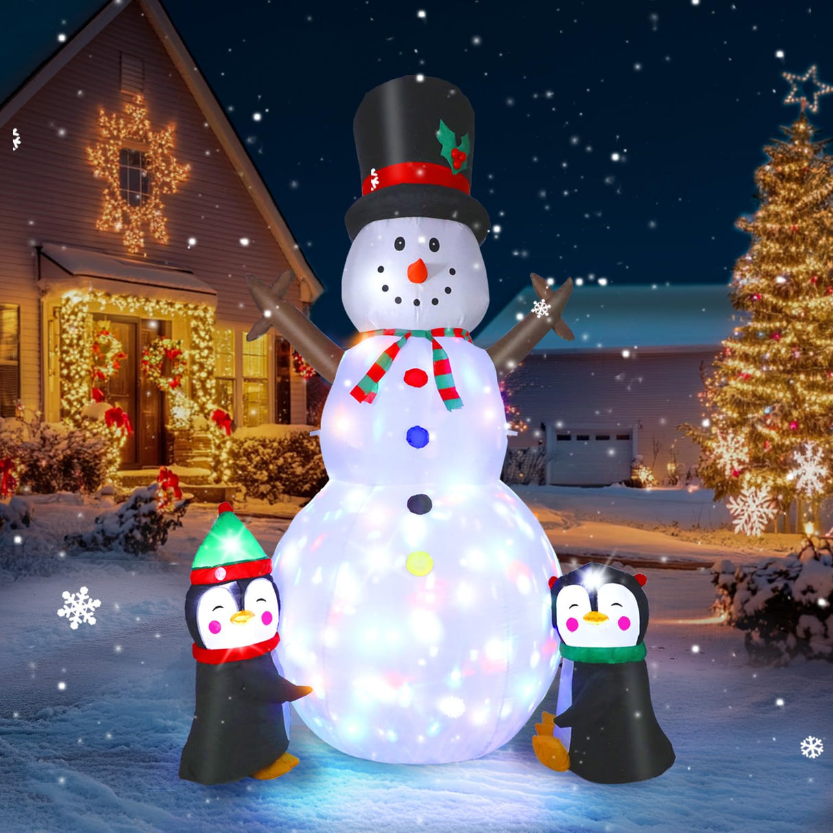 Dawdix 8FT Christmas Decs Inflatable Snowman, Christmas Blow Up Yard Decs Snowman with Penguins, Built-in Colorful Rotating LED Lights, for Holiday Xmas Party Garden, for Him, Her Dawdix