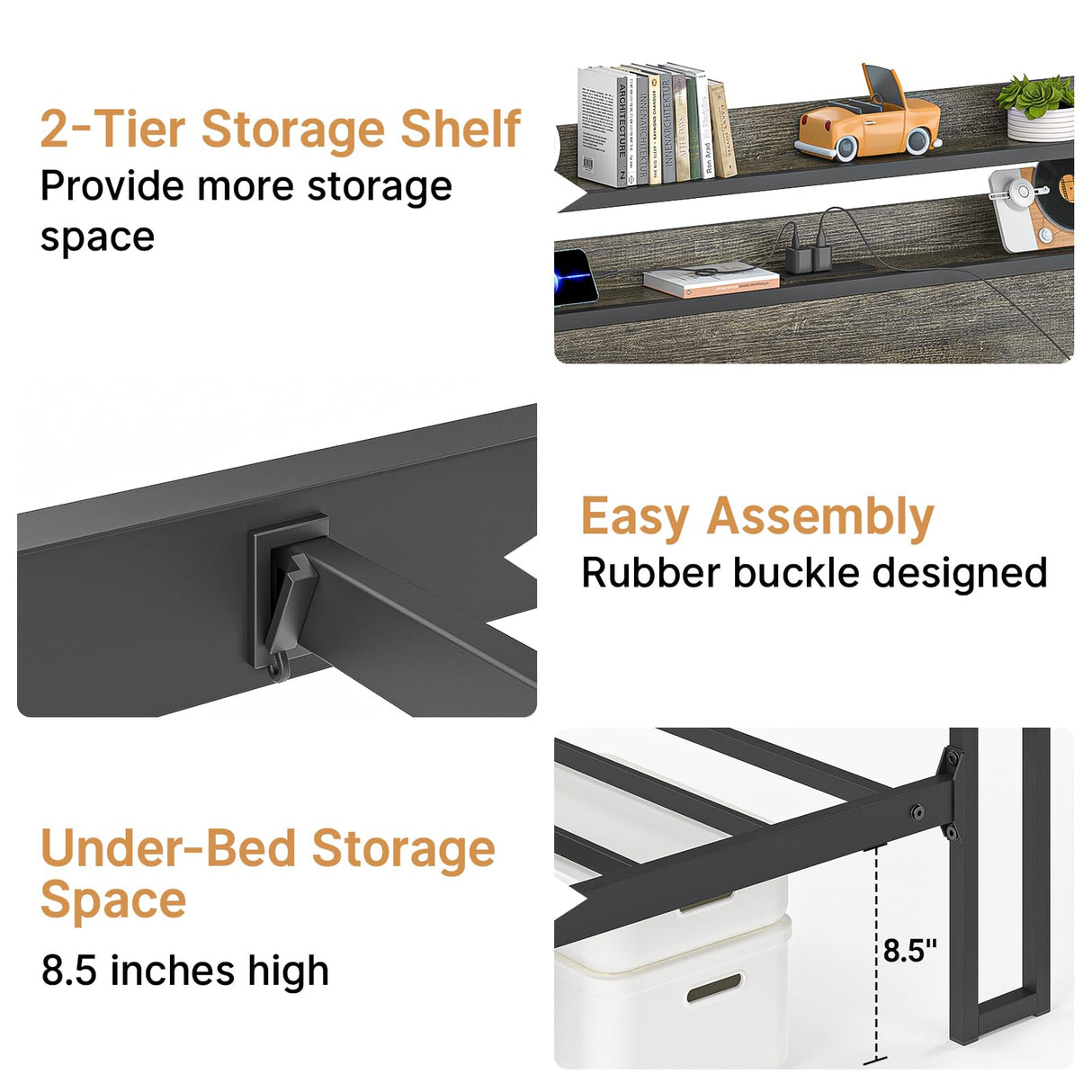 Elephance Twin Bed Frames with Charging Station and Storage Headboard, No Box Spring Needed, Noise Free, Easy Assembly Elephance