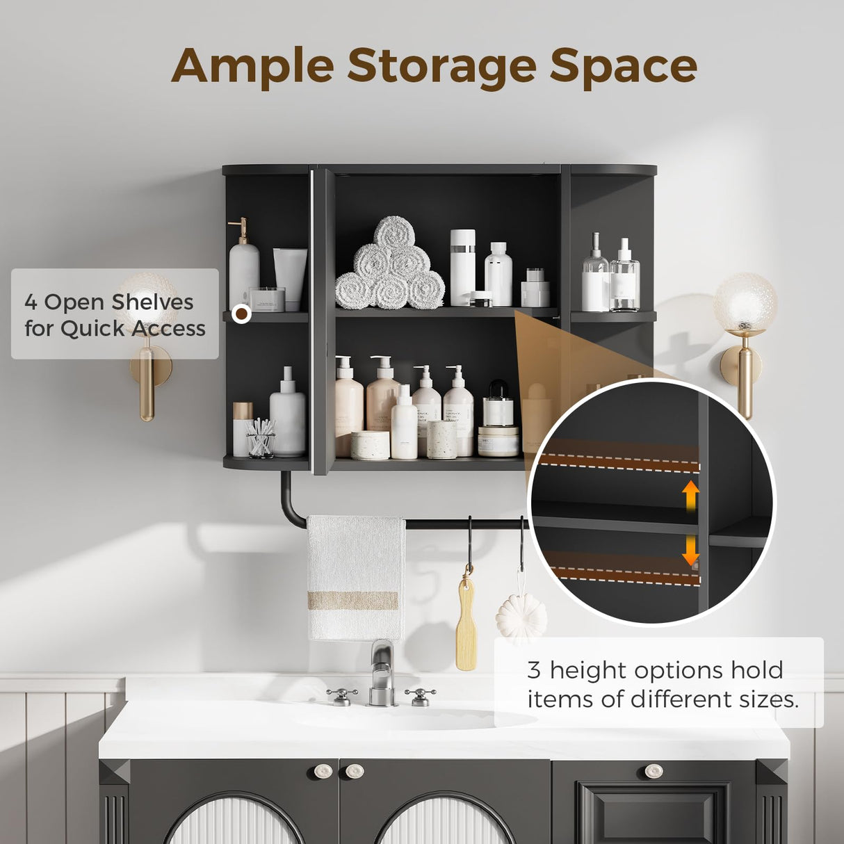 Bathroom Wall Cabinet with Mirror, Mirrored Medicine Cabinet with 3 Colors LED Light and 4 Open Shelves, Wall Mounted Over Toilet Storage Cabinets with Adjustable Shelf, 21.7"L x 6.7"W x 18.1"H, Black MAHANCRIS