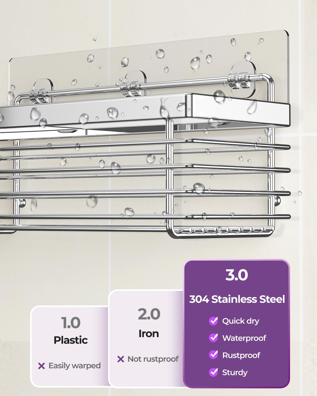 ODesign Shower Caddy 3 Pack SUS304 Stainless Steel-No Drilling-Shower Bathroom Shelves Rack,Rustproof Wall Mounted,Adhesive Shower Shelf Basket Organizer-Silver ODesign