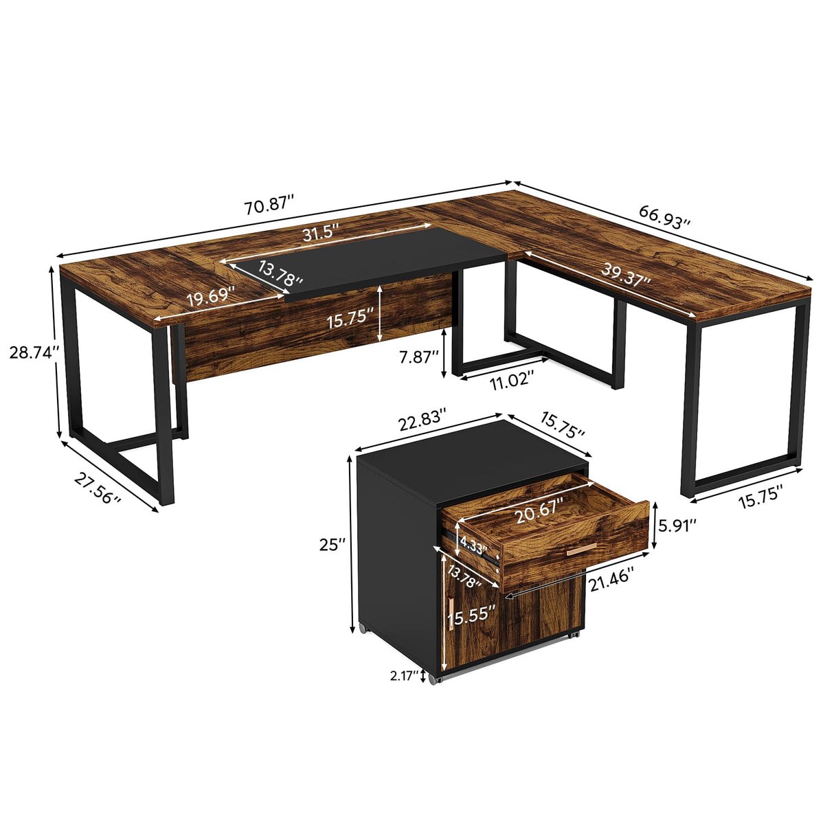 Tribesigns 70.8-Inch Executive Desk with File Cabinet, Large L Shaped Computer Desk with Storage Cabinet, L Shaped Desk with Drawer Cabinet, Rustic Brown & Black Tribesigns