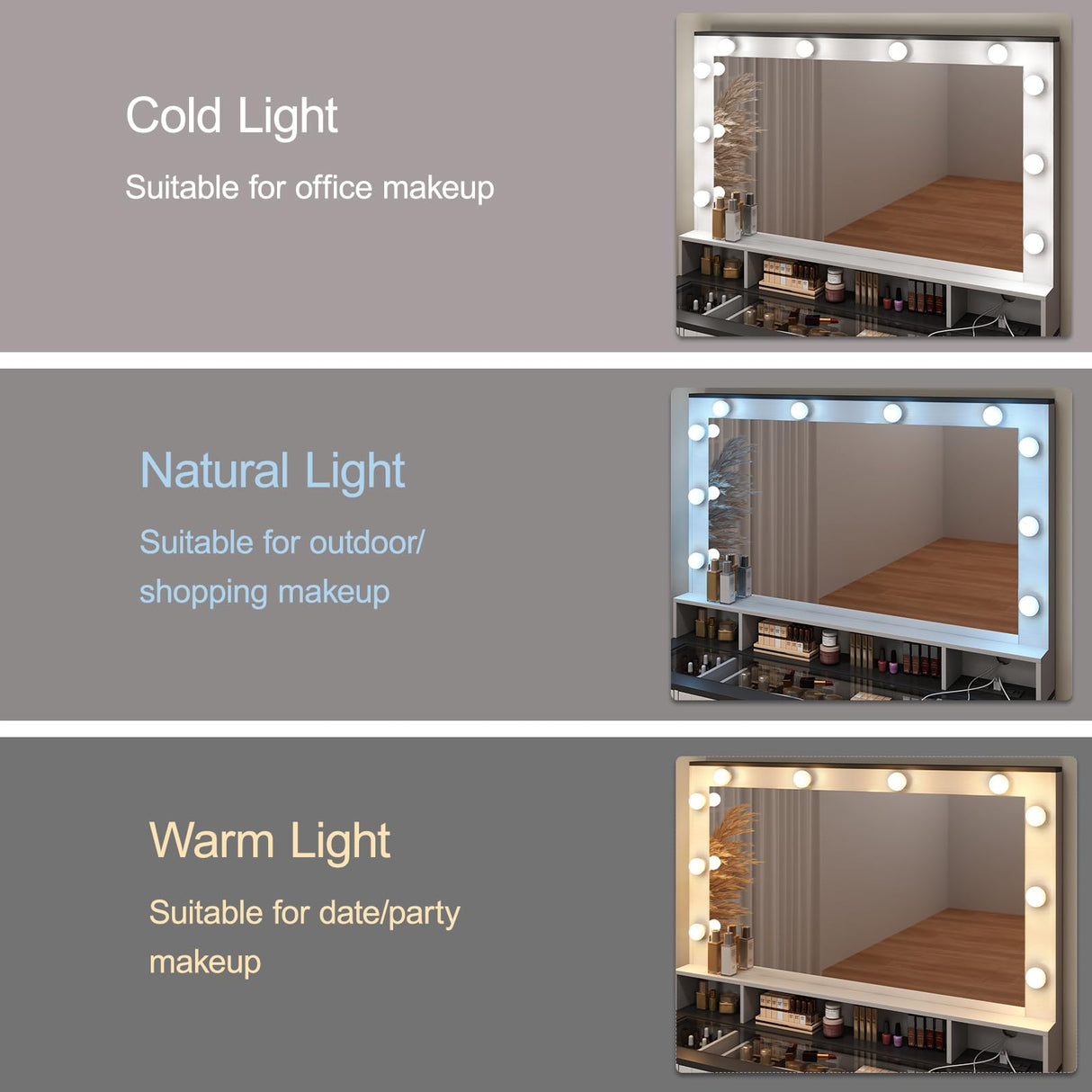 Fameill Makeup Vanity Desk with Lights and Mirror, Vanity Table Set with Stool, Charging Station, Glass Top, Large Mirror with 3 Lighting Modes, 3 Drawers & 2 Cabinets, White Fameill