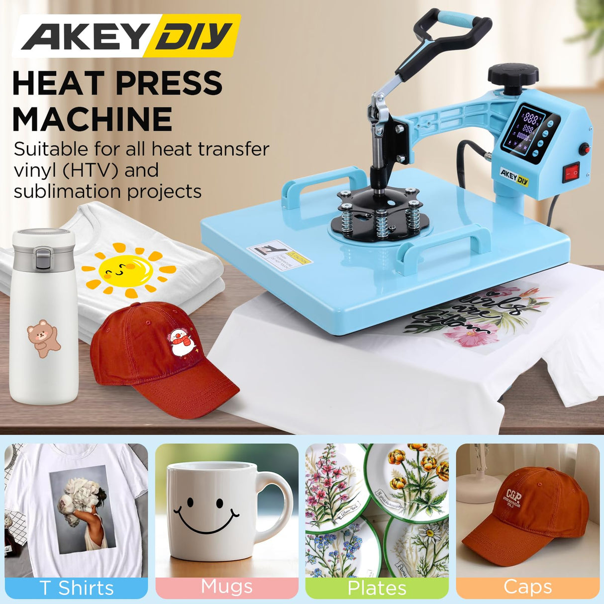 AKEYDIY Heat Press 15x15 inch 5 in 1 with 30OZ Tumbler Press, 360° Swivel Away Slide Out Digital Shirt Press Machine, Industrial Heat Transfer Machine Sublimation for T-Shirt/Tumbler/Mug/Hat/Cap/Plate AKEYDIY