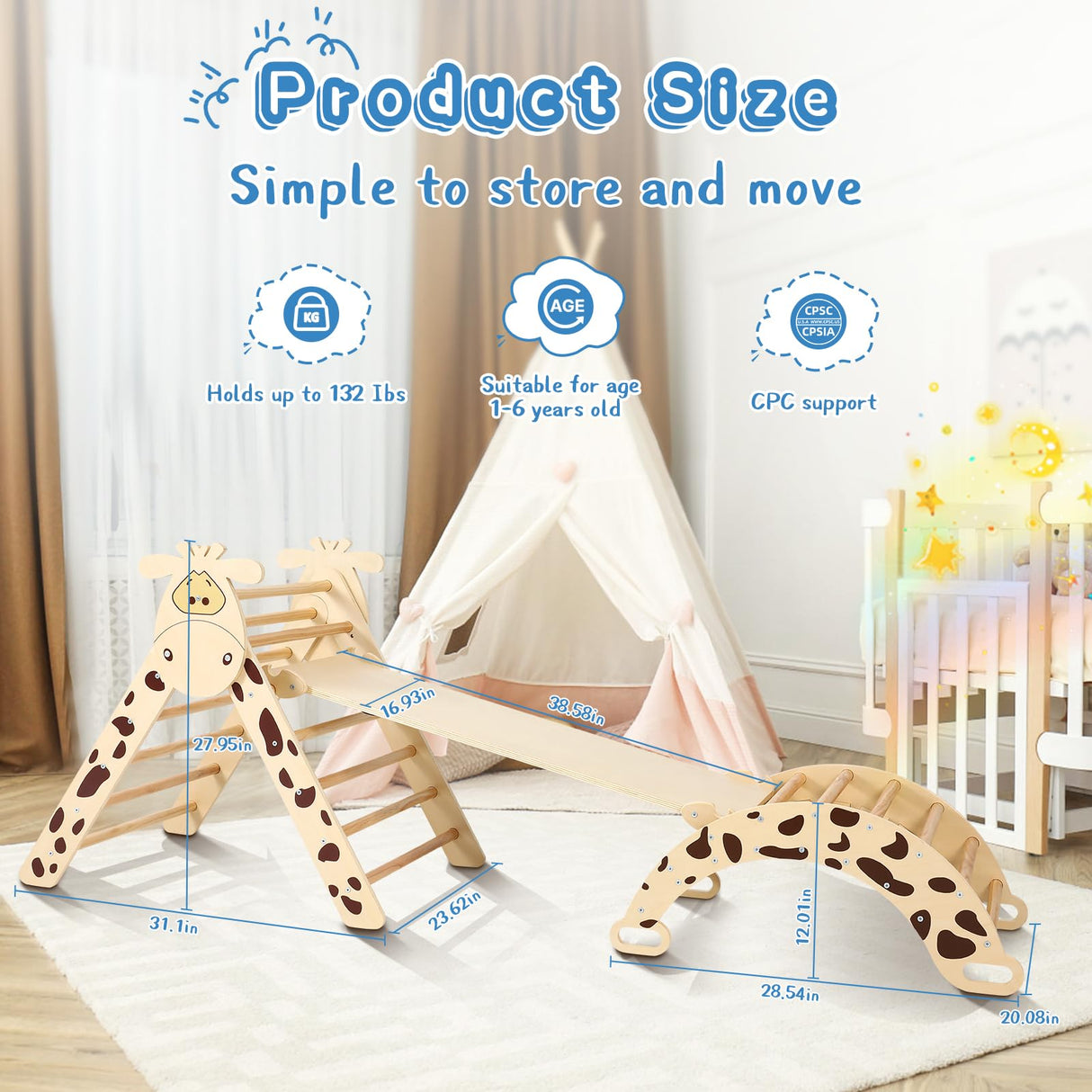 Pikler Triangle Set Natural Pikler Climbing Set, Montessori Foldable Climber with Tripods, Ramps, Arches, Climbing Jungle Gym and Indoor Playground Climbing Toys for Toddlers 1-3 Inside Dollate