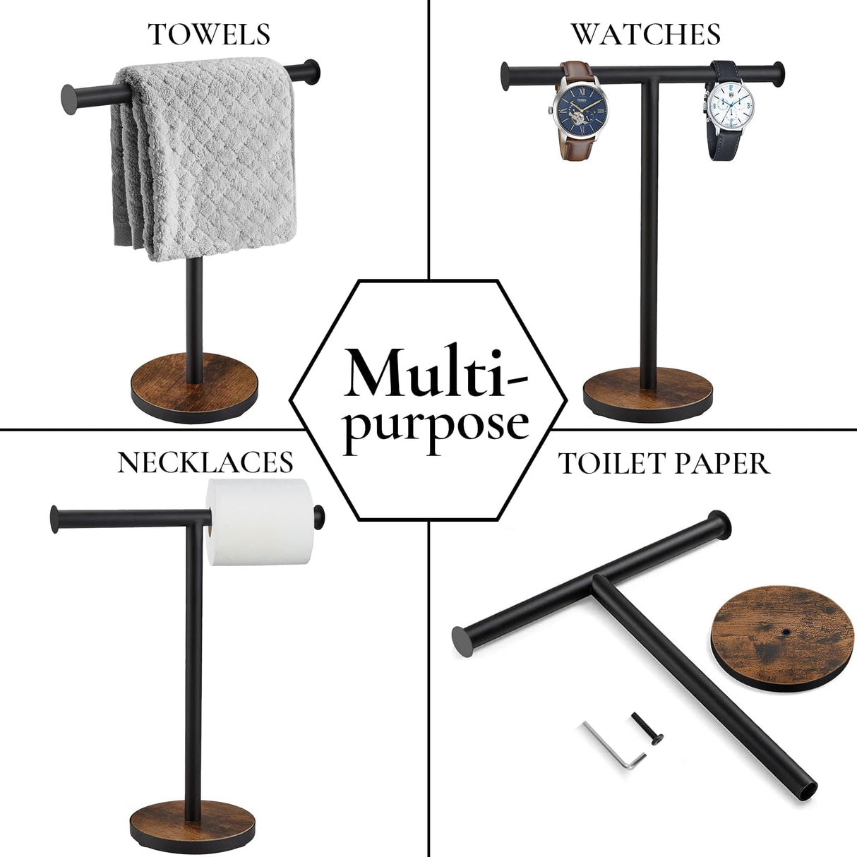 BCOZLUX Towel Holder Stand, Countertop Hand Towel Stand for Bathroom and Kitchen, Free Standing Counter Towel Rack with Weighted Wood Base, Rustic Black and Brown BCOZLUX