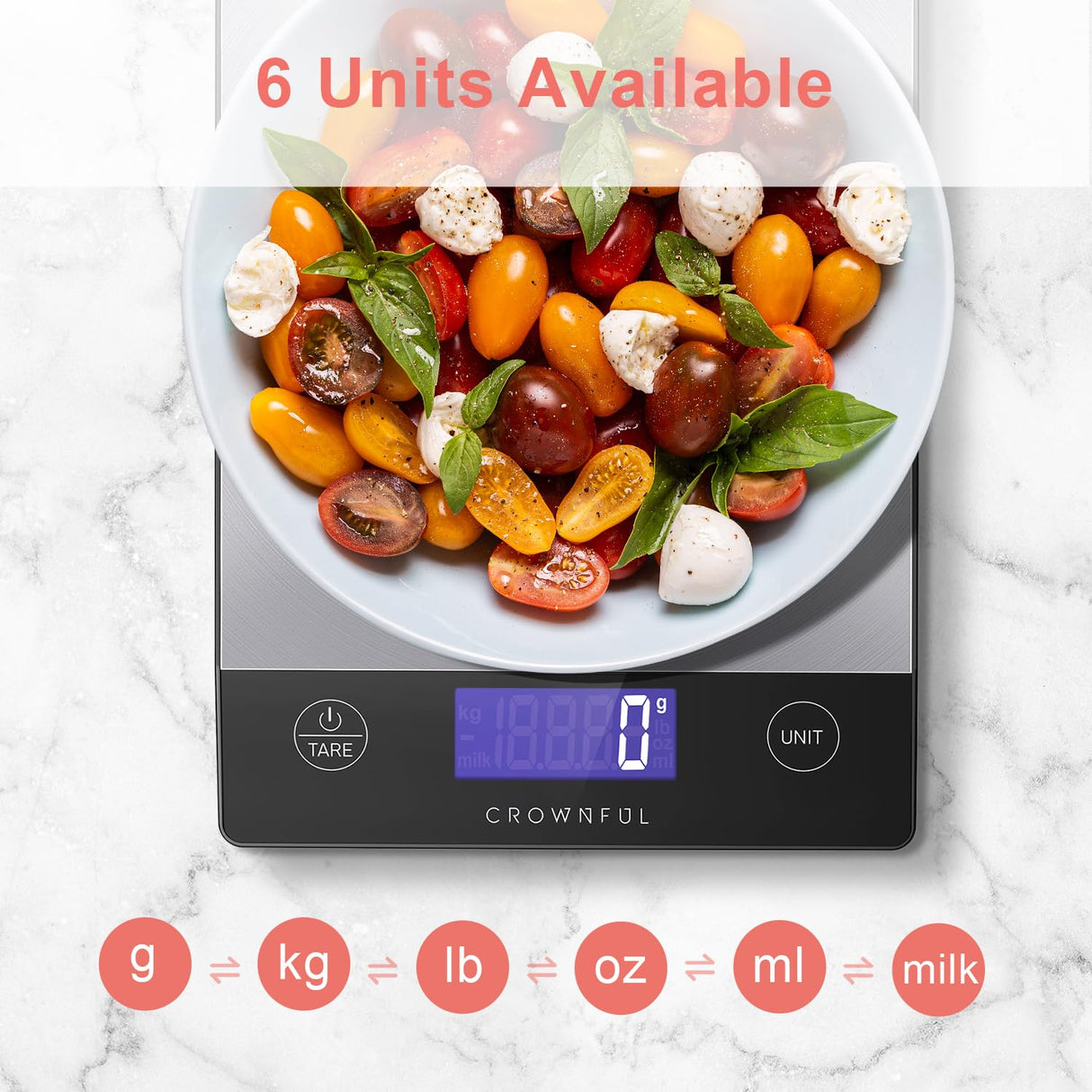 CROWNFUL Food Scale, Rechargeable 304 Stainless Steel Digital Kitchen Scale Upto 33lb Weight Grams and Ounces with LCD Display and Type-C Charging for Baking and Cooking CROWNFUL