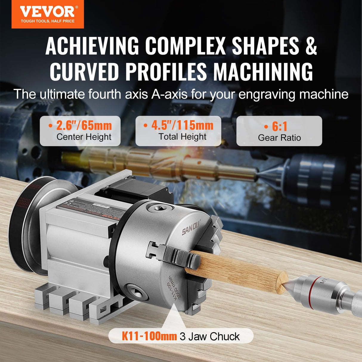 VEVOR Dividing Head, K11-100mm 3-Jaw Chuck, CNC Router Milling Machine Rotational Axis 4th Axis A Axis Indexing Head, 2.6"/65 mm Center Height MT2 Tailstock 6:1 Gear Ratio, Universal for Engraving VEVOR