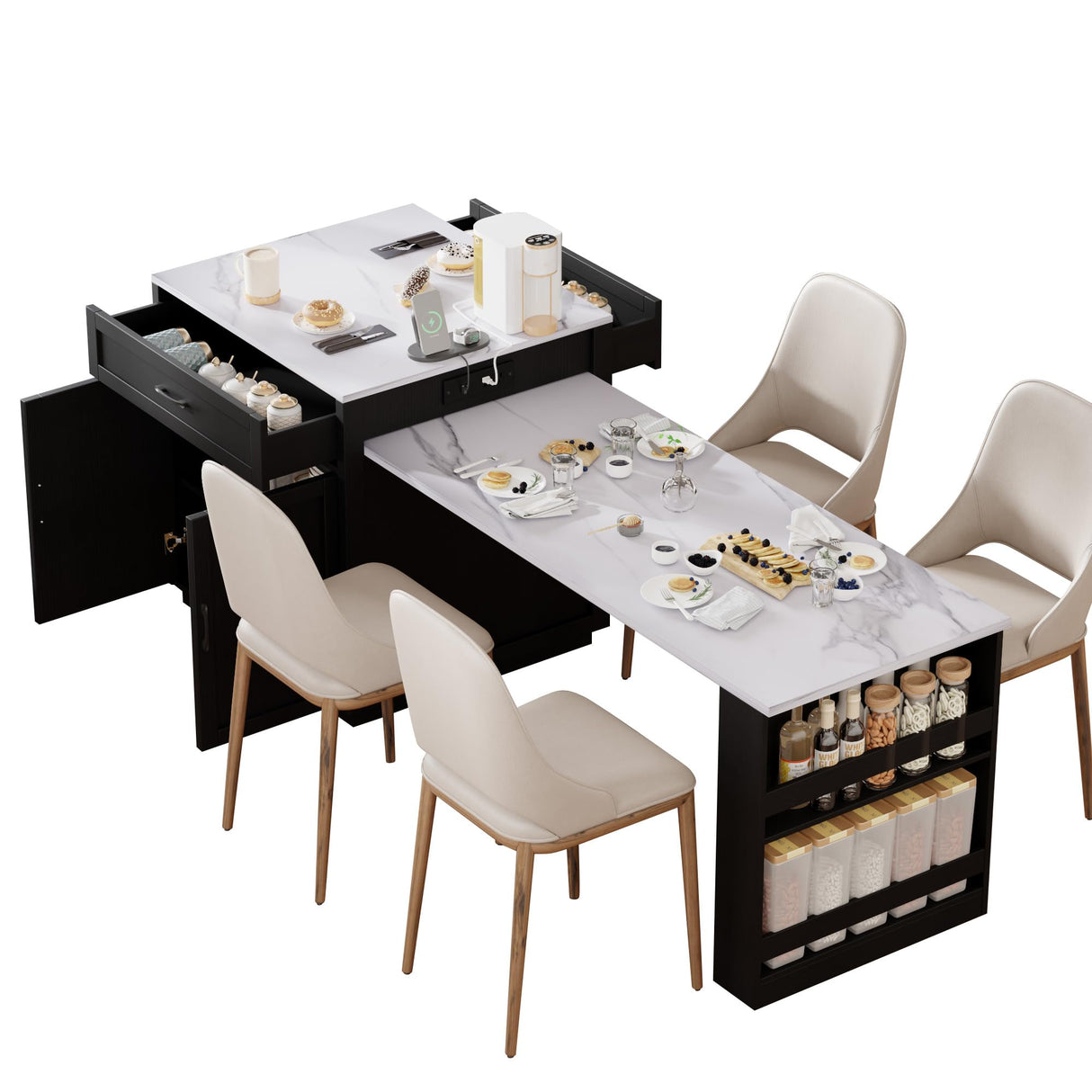 Quarte Modern Kitchen Island with Extendable Dining Table for 4-6 Person,Faux Mable Kitchen Table with Double-Sized Storage,Power Outlet,Storage 2 Drawers 2 Side Open Shelves (Black+Table) Quarte