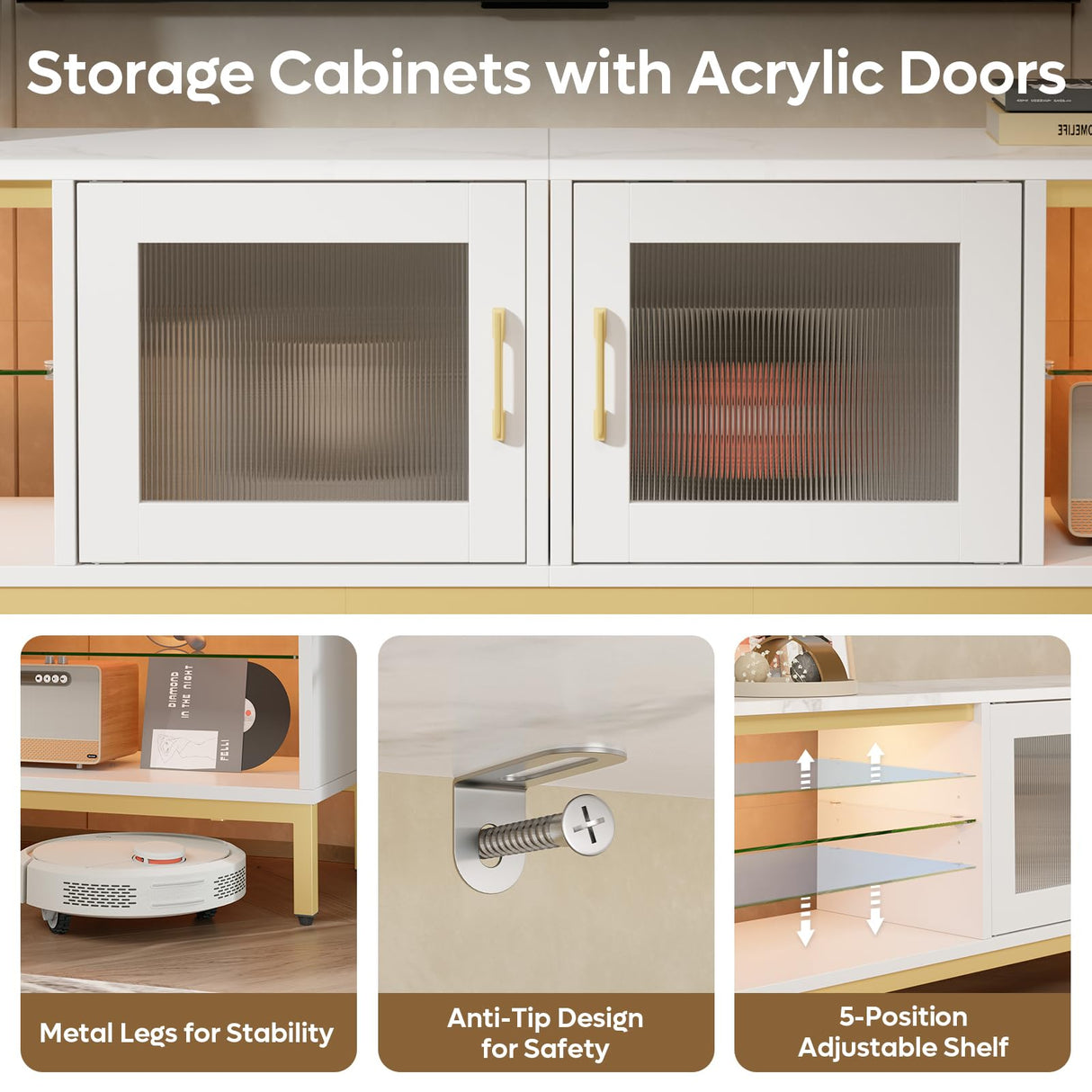 Bestier 80 inch TV Stand for TVs Up to 85", 4 in 1 Entertainment Center with LED Lights, Modern Media Console Table with Storage Cabinet & Adjustable Shelves, for Living Room Bedroom, White Marble Bestier