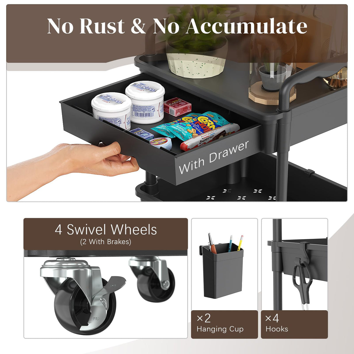 EaseSky Rolling Utility Cart with Drawer 3 Tier, Utility Storage Organizer with Plastic Shelf & Lockable Wheels Multifunctional Storage Cart for Kitchen, Bathroom, Office, Living Room, Black EaseSky