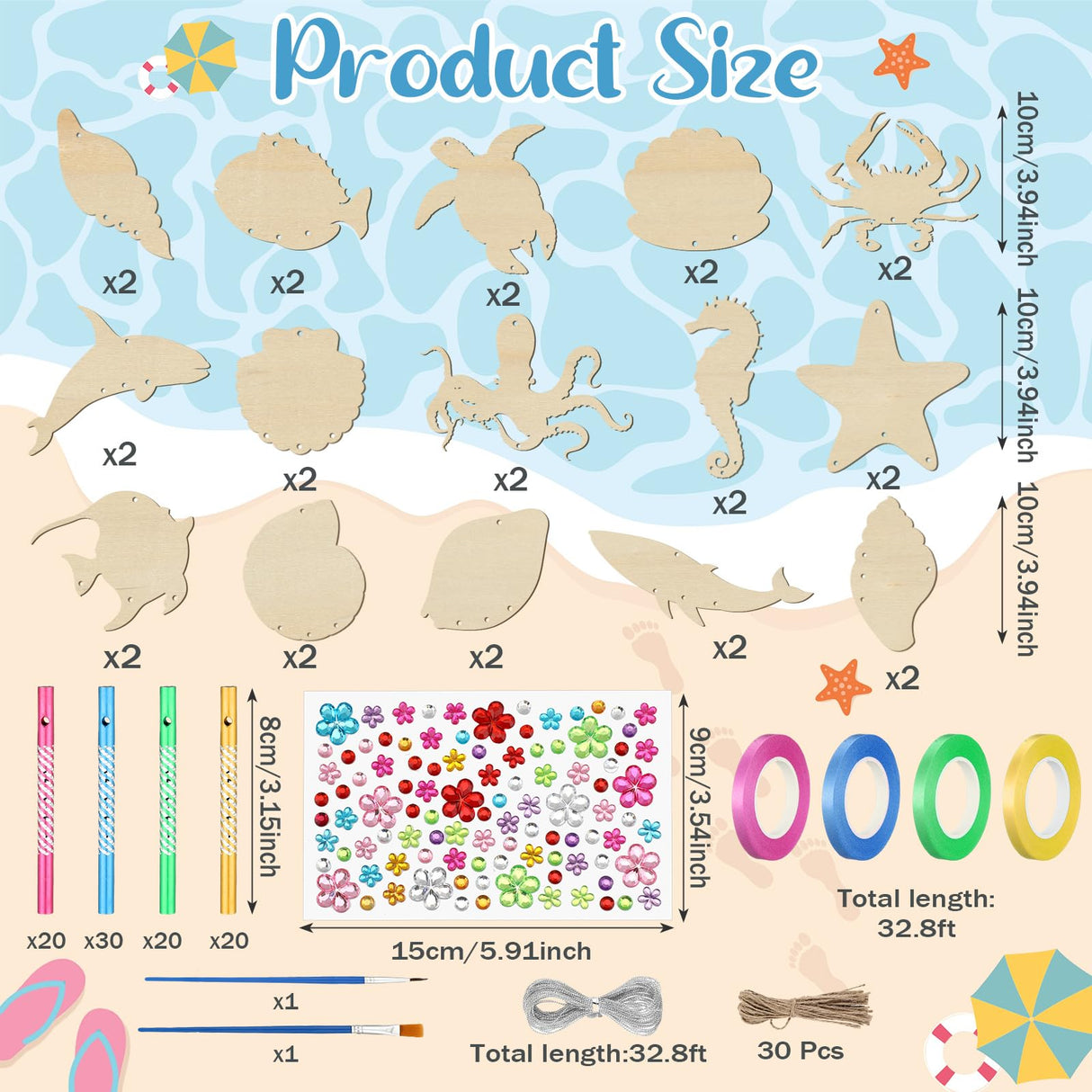 128 Pcs Summer Ocean Wind Chime Making Kit Make Your Own Sea Animals Wind Chime Wooden Ocean Animals Arts Ornaments for DIY Crafts Activity Birthday Summer Party Decoration Anglechic