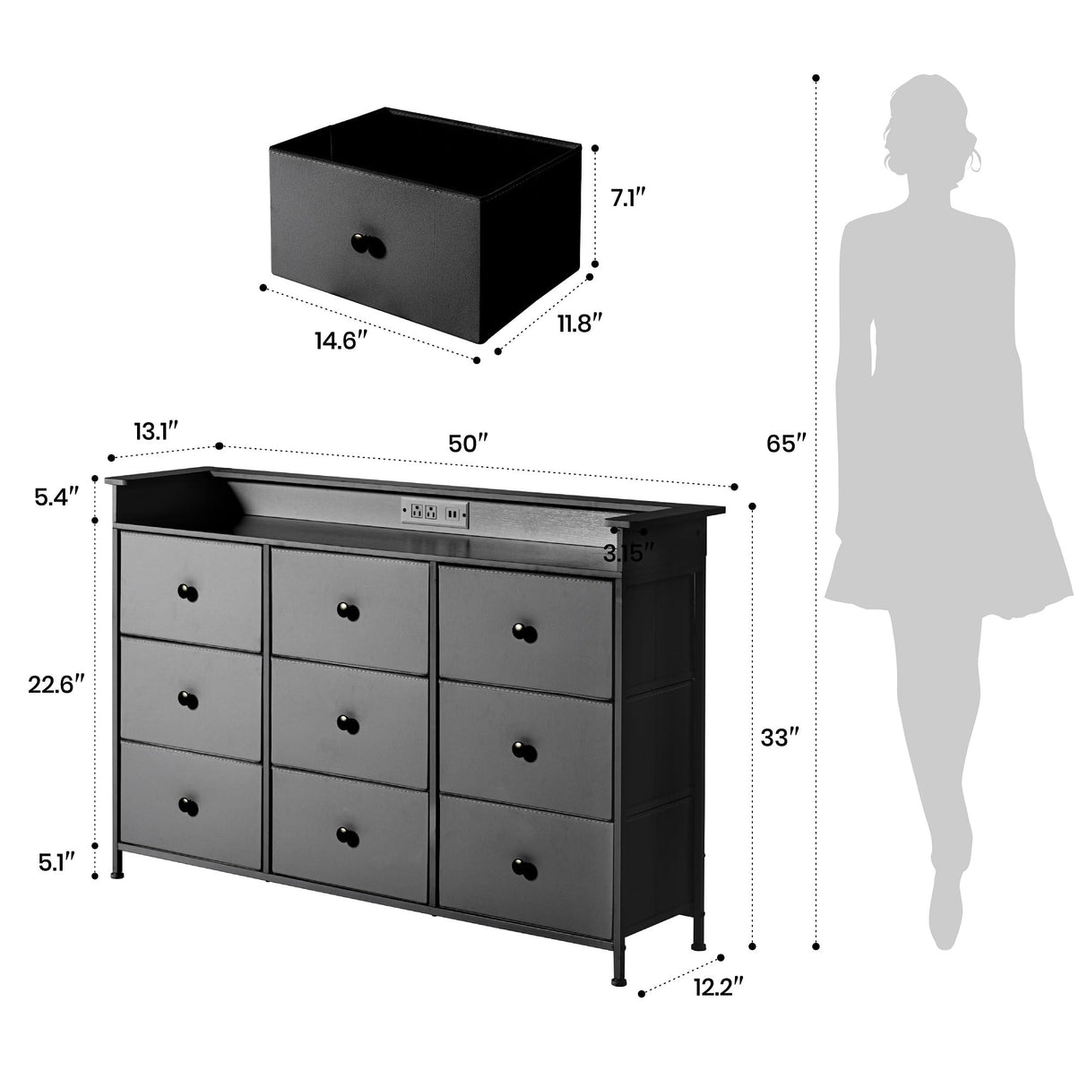 XCHAA Black Dresser with LED Lights and Power Outlet, 9 Drawers Fabric Dresser for Bedroom, Chest of Drawers for Closet, Entryway, Dressing Room, Living Room 49.6" Wide XCHAA