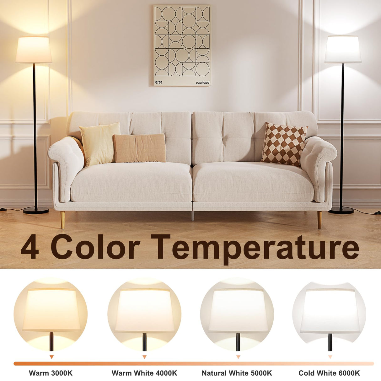 Raexpectis Modern Floor Lamp with Adjustable Brightness, Remote Control, Black, LED Bulbs, White Shade, Foot Switch, Easy Assembly Raexpectis