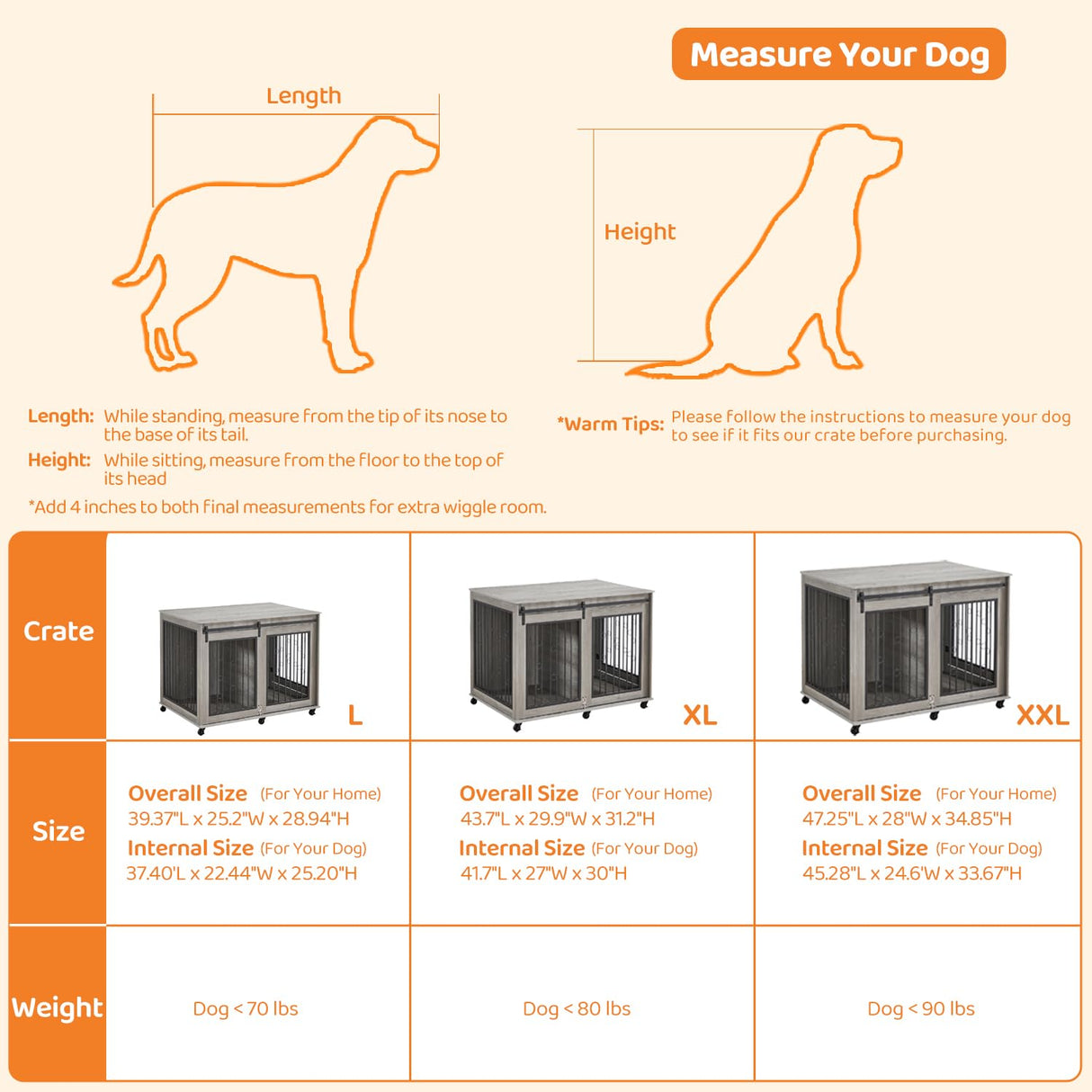 IchbinGo Large Dog Crate Furniture, 47" Wooden Dog Kennel with Sliding Barn Door, Flip-Top Lid & Wheels, Indoor Pet Crate Table with Detachable Divider for Small/Medium/Large Dogs (Rustic Grey) IchbinGo