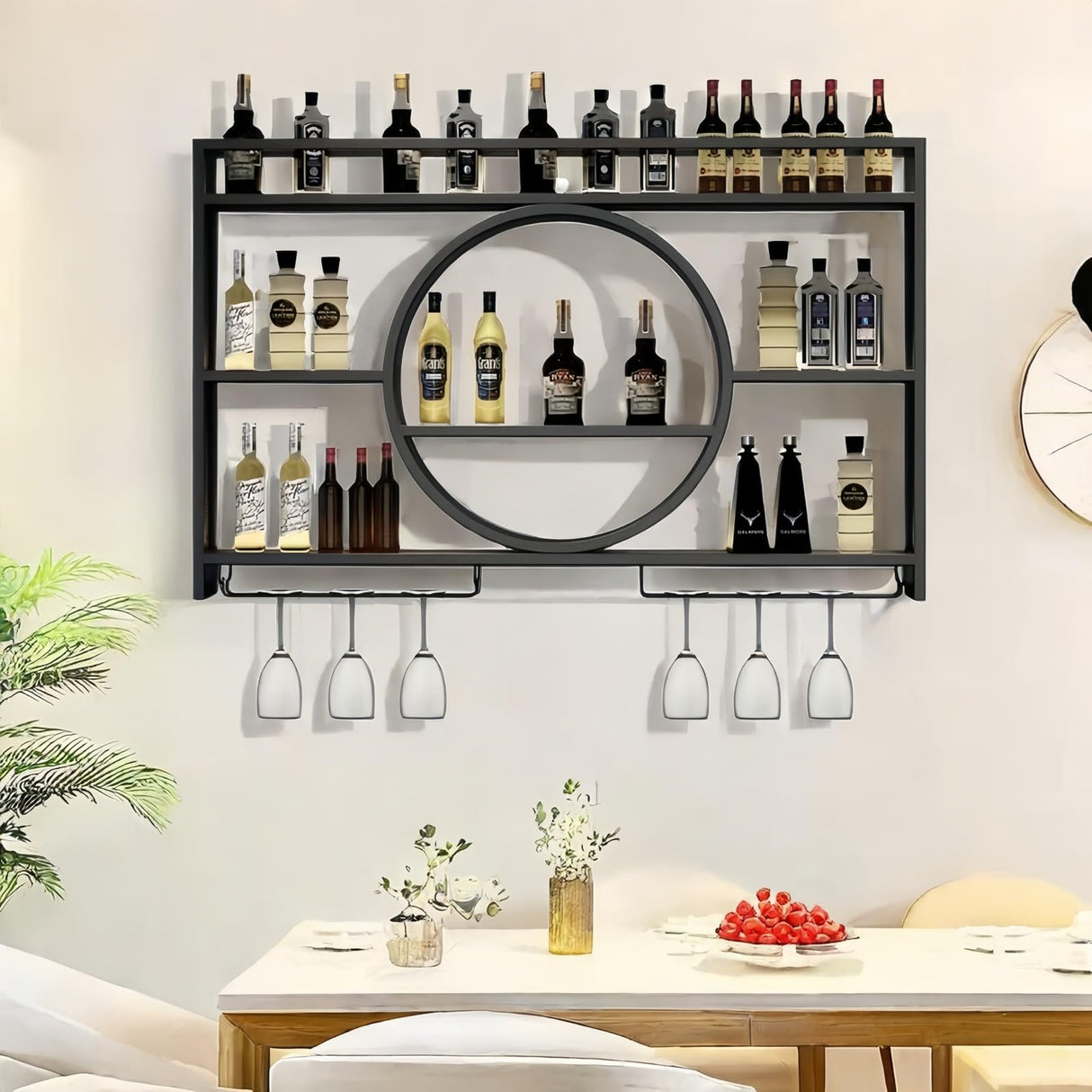 PIKYsailed 39 Inch Metal Wall Mounted Wine Rack, 3 Tier Bar Shelves with Glass Holder, Large Capacity Modern Liquor Shelves for Home Bar, Dining Room & Kitchen, Black PIKYsailed