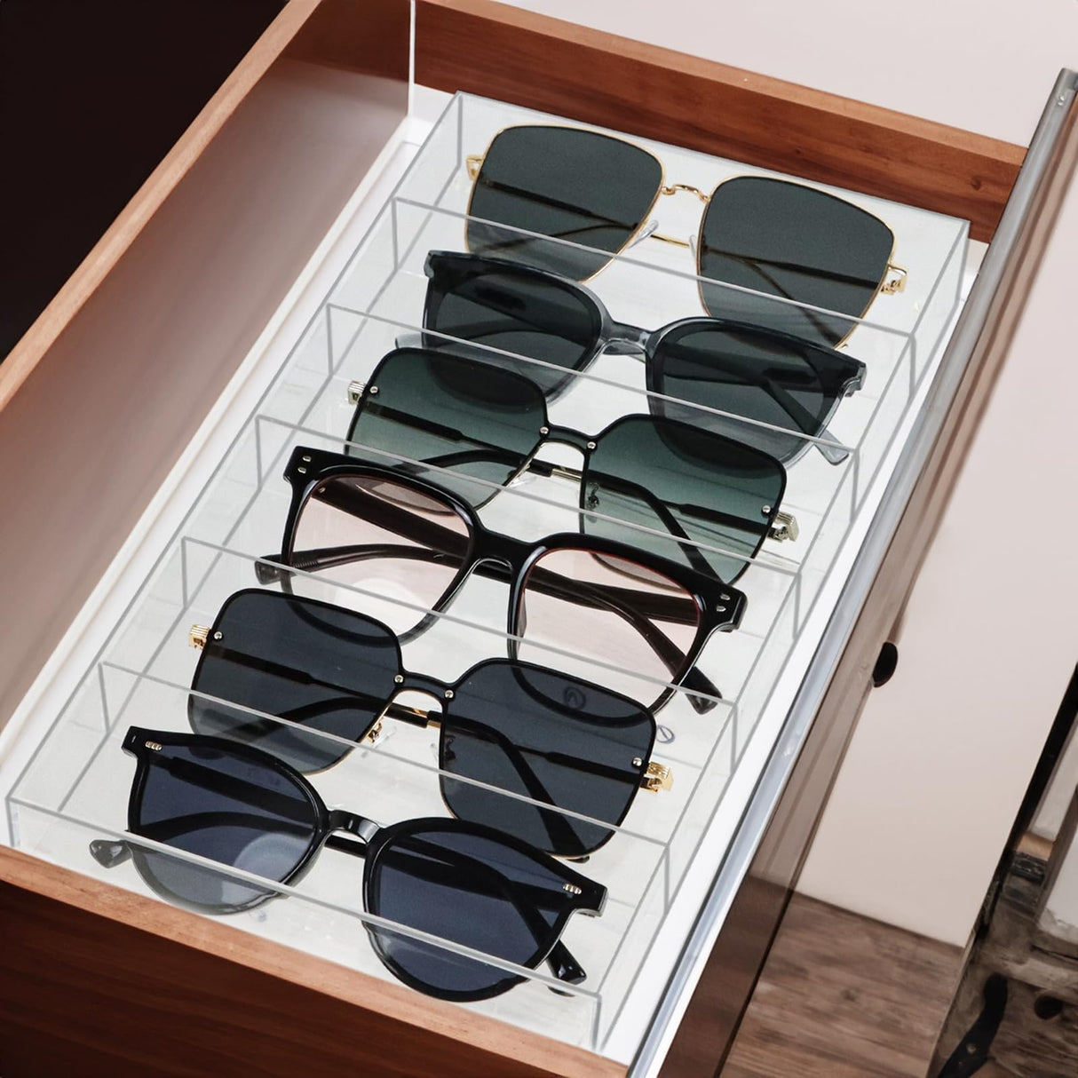 ZEXALOR Clear Drawer Organizer, 6 Sections Eyeglass Sunglasses Organizer Holder, Drawer Dividers Office Desk Tray Bathroom Makeup Jewelry Trays (14×7×1.2") ZEXALOR