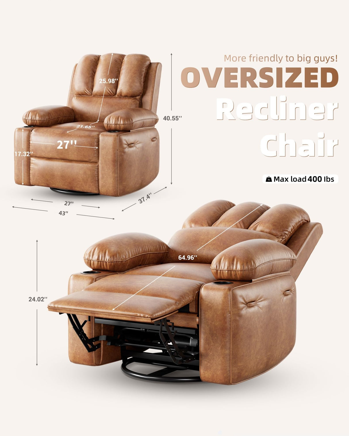 Manual Recliner Chair, Oversized PU Leather Reclining Sofa Chair, Modern Comfy Armchair for Bedroom or Living Room, Leather Recliner Chair for Adults, Stylish Sofa & Relaxing Recliners (Brown) GarveeLife