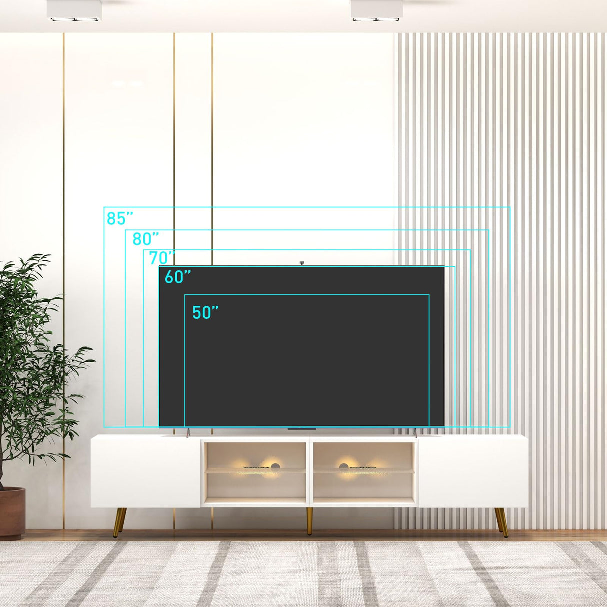 Bonzy Home 86" LED TV Stand, Modern Entertainment Center up to 90" TV, Television Console Table with Storage Cabinets for Living Room, White Bonzy Home