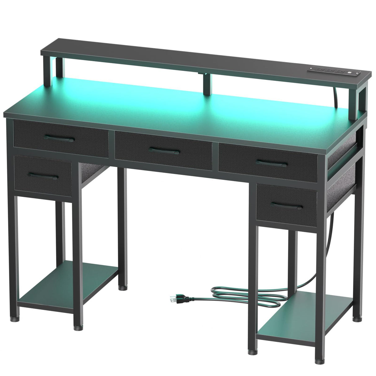Uniheim Black Computer Desk with Drawers, Gaming Desk with LED Light & Power Outlet, 47" Home Office Desk with Large Storage & Monitor Stand for Small Space Uniheim