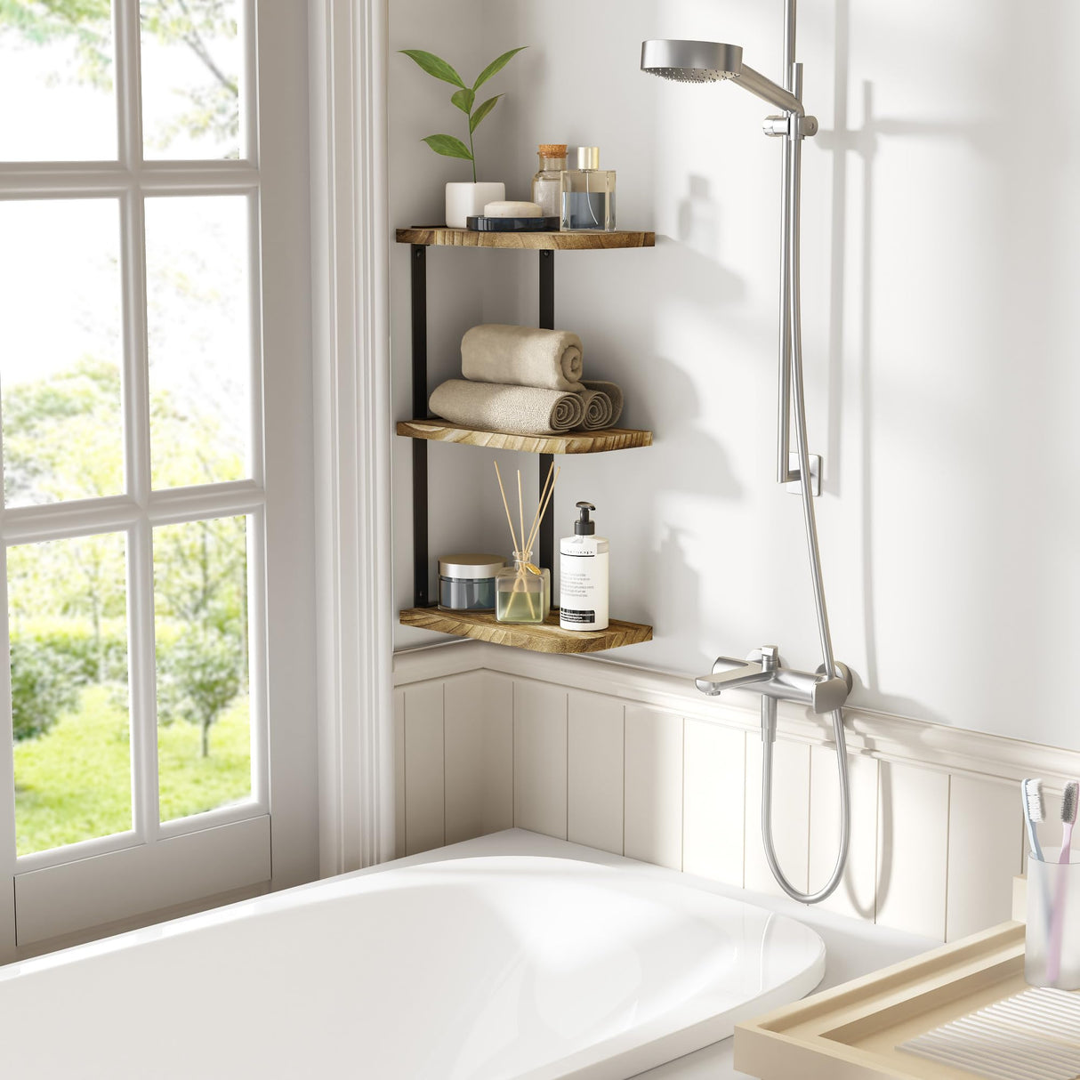 Love-KANKEI Corner Shelf Wall Mount of 3 Tier Rustic Wood Floating Shelves for Bedroom Living Room Bathroom Kitchen Office and More Carbonized Black Love-KANKEI