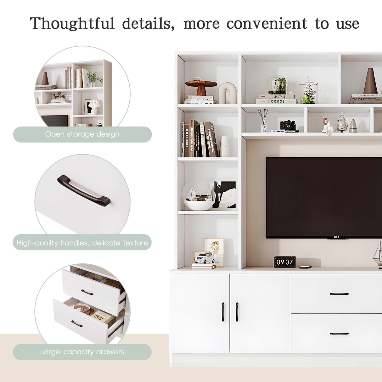 Modern TV Stand with Bookshelves, Entertainment Center with Cabinets & Storage Drawers, Fits up to 85-Inch TVs, Multifunctional Wall Unit for Living Room & Home Theater White 98.4" LSZMXI