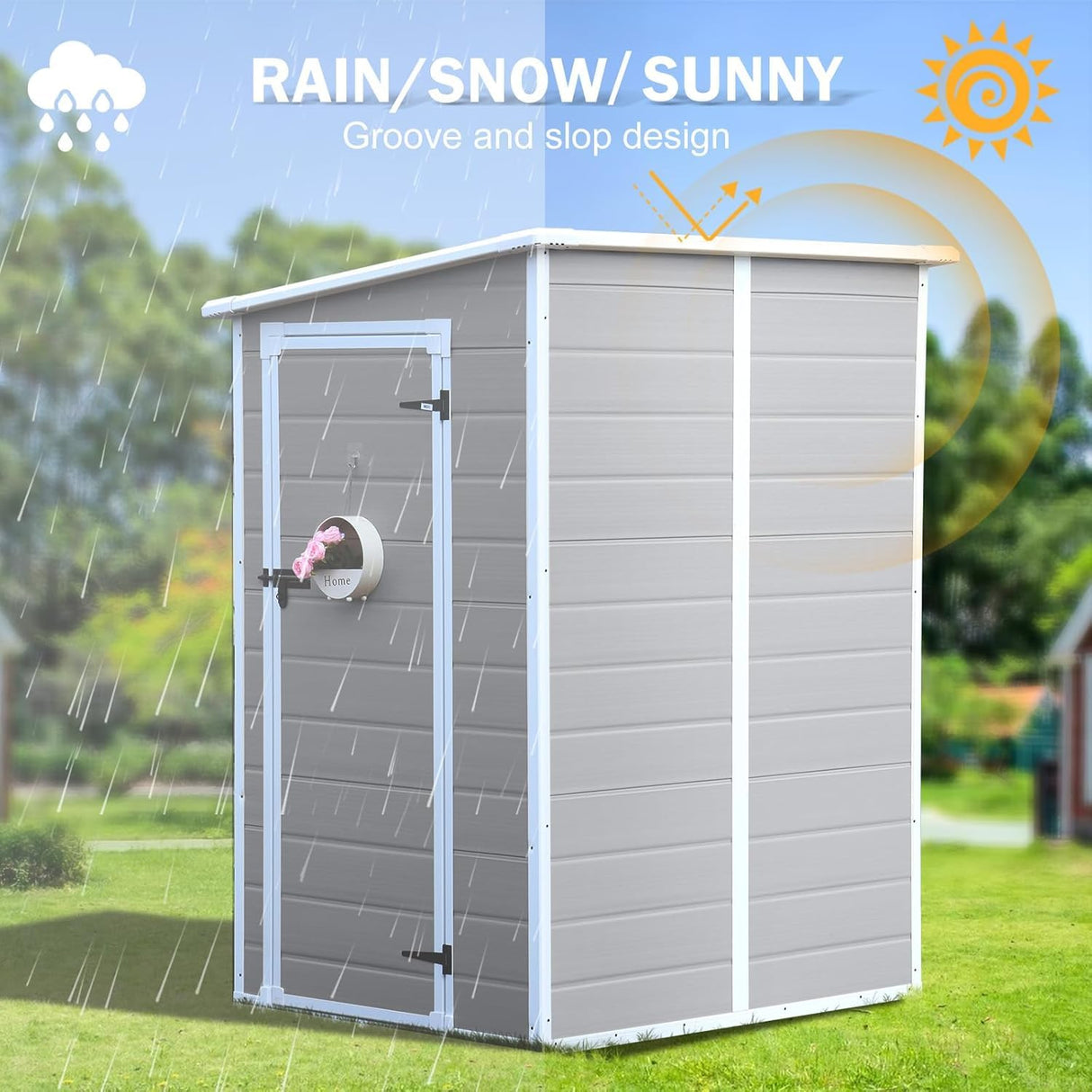 CDCASA 5x4 FT Resin Storage Shed, Waterproof Sheds & Outdoor Storage with Floor & Window & Lockable Door, Tool Shed for Garden, Patio, Backyard, Light Grey CDCASA