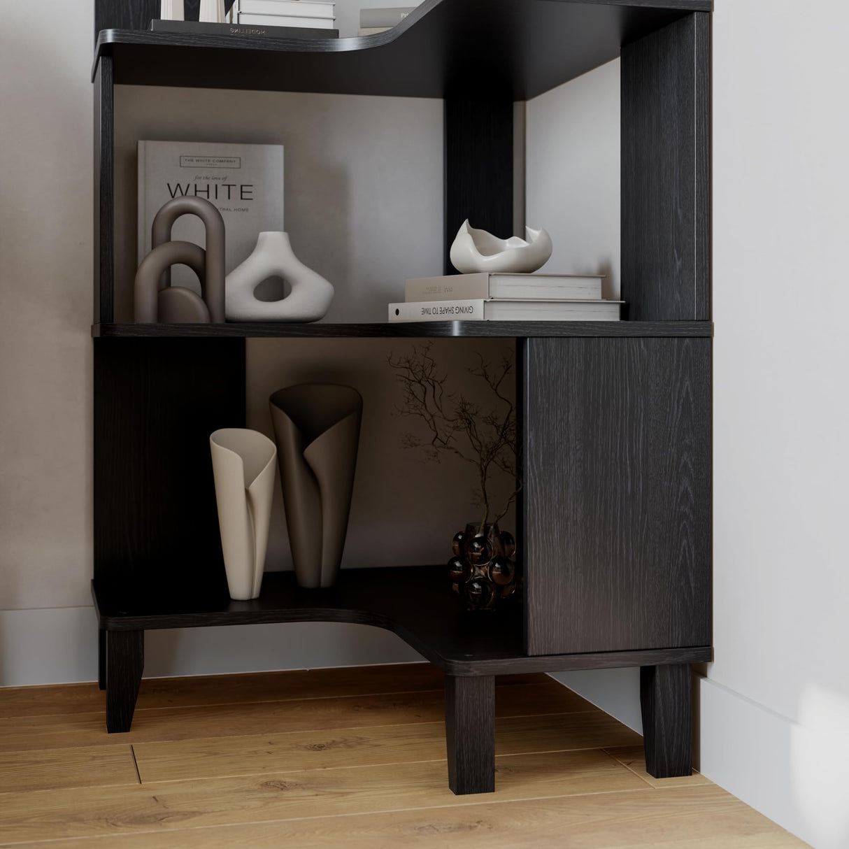 Prepac Nordik 6-Tier Black Modern Mid Century Corner Bookcase, 71.5" Extra Tall Black Corner Shelf with Storage, Multifunctional Freestanding Bookshelf for Home Office, Living Room, Dining Room Prepac