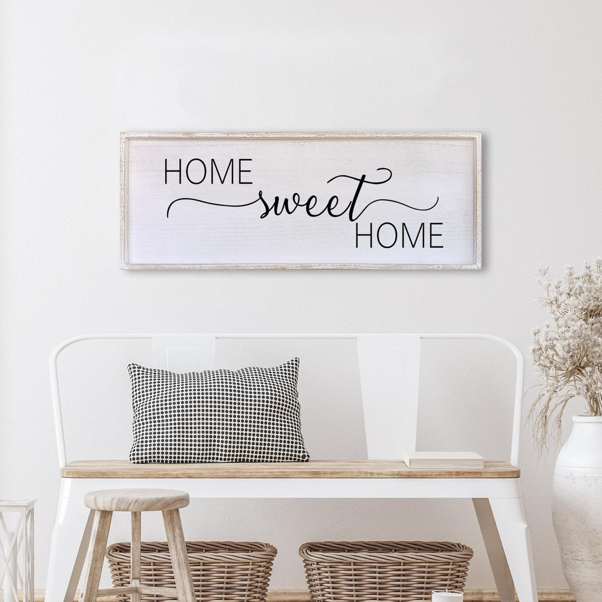 Home Sweet Home Sign Wall Decor 32”X12” Master Family Room Above Bed Beautiful Living Room Above Couch Sign Large Rustic Farmhouse Wood Framed Entryway Hanging Wall Art Decoration (White) Surfapans