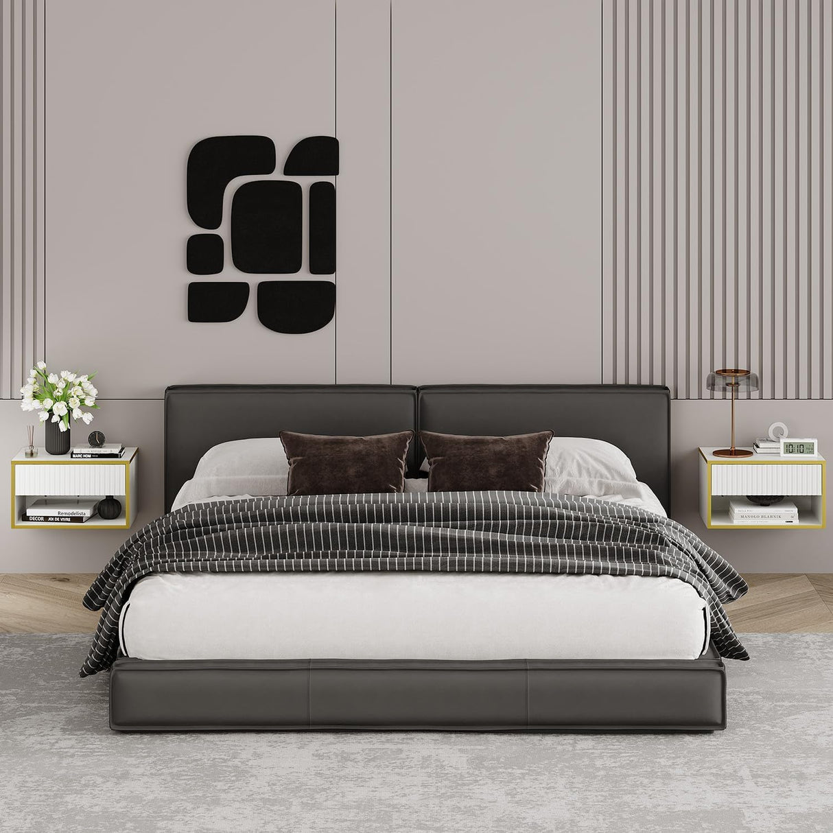 4ever2buy Floating Nightstand Set of 2, Modern Wall Mounted Nightstand with Open Shelf and Fluted Drawer, White and Gold Night Stand for Bedroom, White 4ever2buy