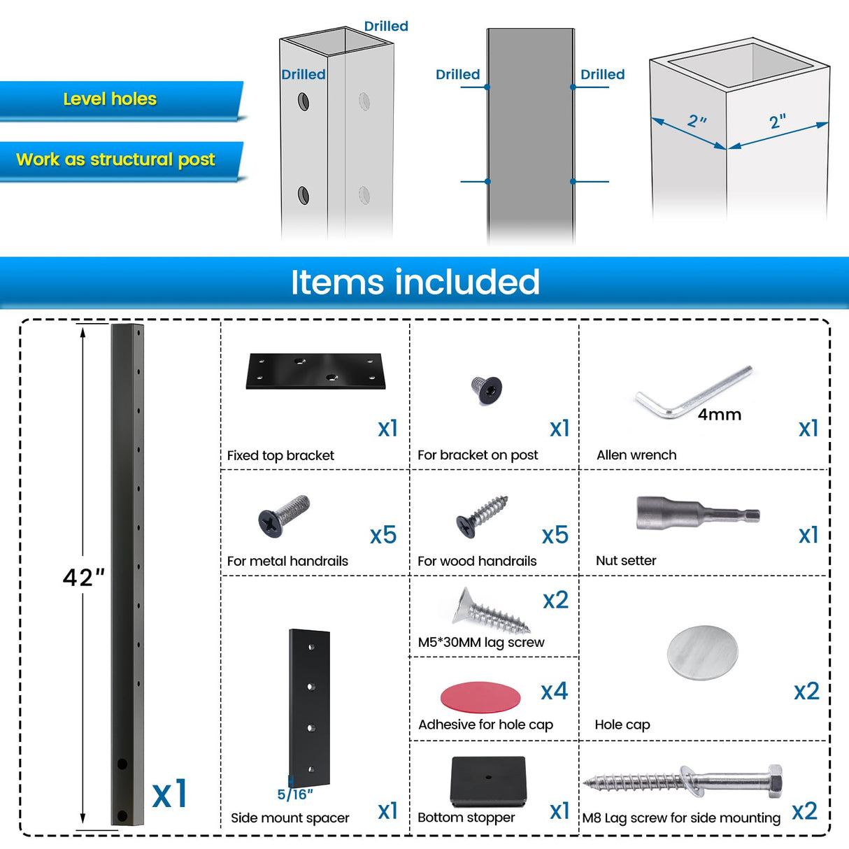 Muzata Black Side Mount Cable Railing Post 36 Inch 36"x2"x2" Level Drilled Space-Saving Stainless Steel Cable Railing System Kit Indoor Outdoor with User Guide PF02 BH4S Muzata