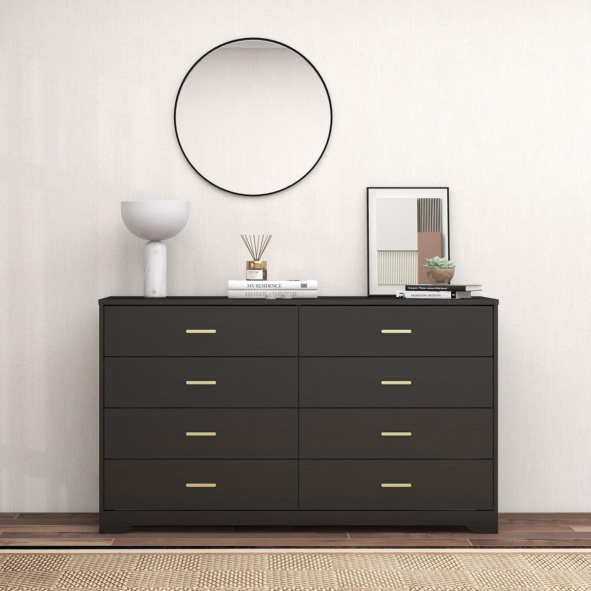 Panana 8 Drawer Wood Lateral Dresser, Big Wide Chest of Drawers Storage Organizer with Metal Gold Handles Home Bedroom (Black) Panana