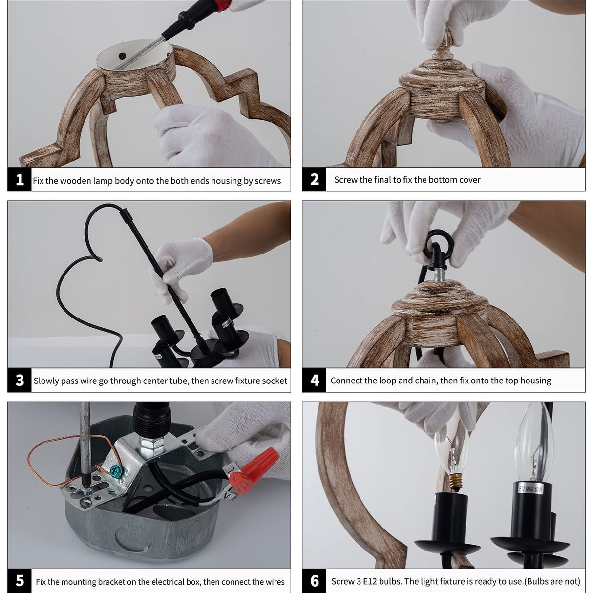 16.14" 4-Light Farmhouse Wood Chandelier, Rustic Orb Pendant Lighting Fixture with Adjustable Chain, Vintage Ceiling Hanging Lights for Foyer Entryway Dining Room Kitchen Island, Handmade Oak Finish Neechicx