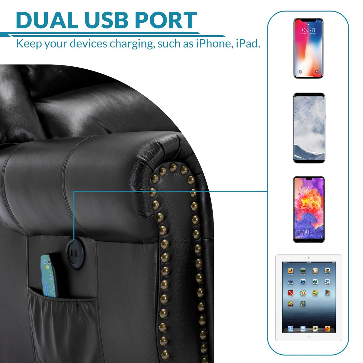 OUINCH Manual 360 Degree Swivel Glider Rocker Recliner Chair with Massage and Heat, USB Ports and 2 Side Pockets, Faux Leather, Black OUINCH