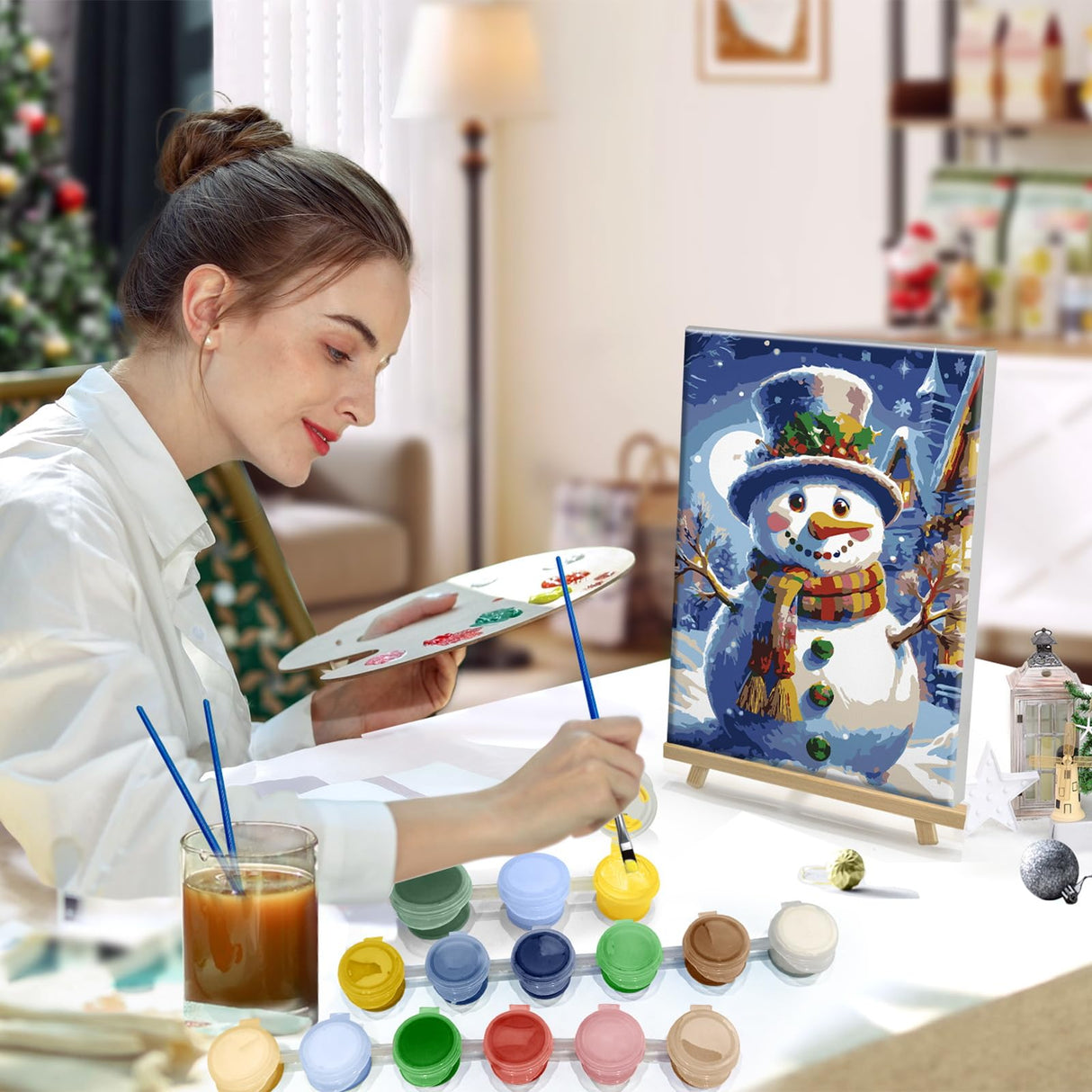 HeeBenor Framed Christmas Paint by Numbers Kit for Adults Beginner, Snowman Paint by Number with Easel, DIY Christmas Adult Paint by Number Kits on Canvas Framed 8x12 Inch for Home Wall Decor HeeBenor