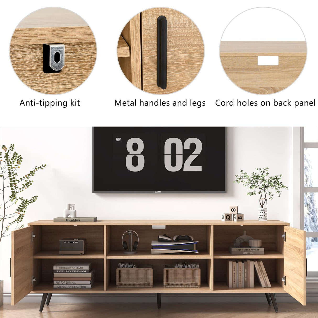 AUXSOUL 70 Inch Mid Century Modern TV Stand for 75 Inch TV, Wood TV Stand with Storage, Entertainment Center for Living Room Bedroom, TV Media Console, Oak AUXSOUL