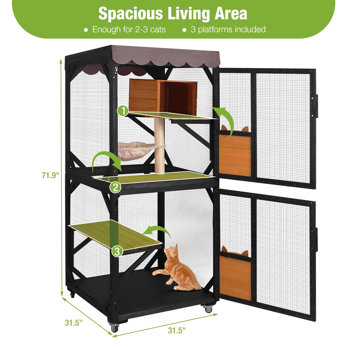GUTINNEEN Catio Outdoor Cat Enclosure on Wheels - Outside Kitty House with Upgraded Resting Box, PVC Layer, and Waterproof Roof - 71.9" Black GUTINNEEN