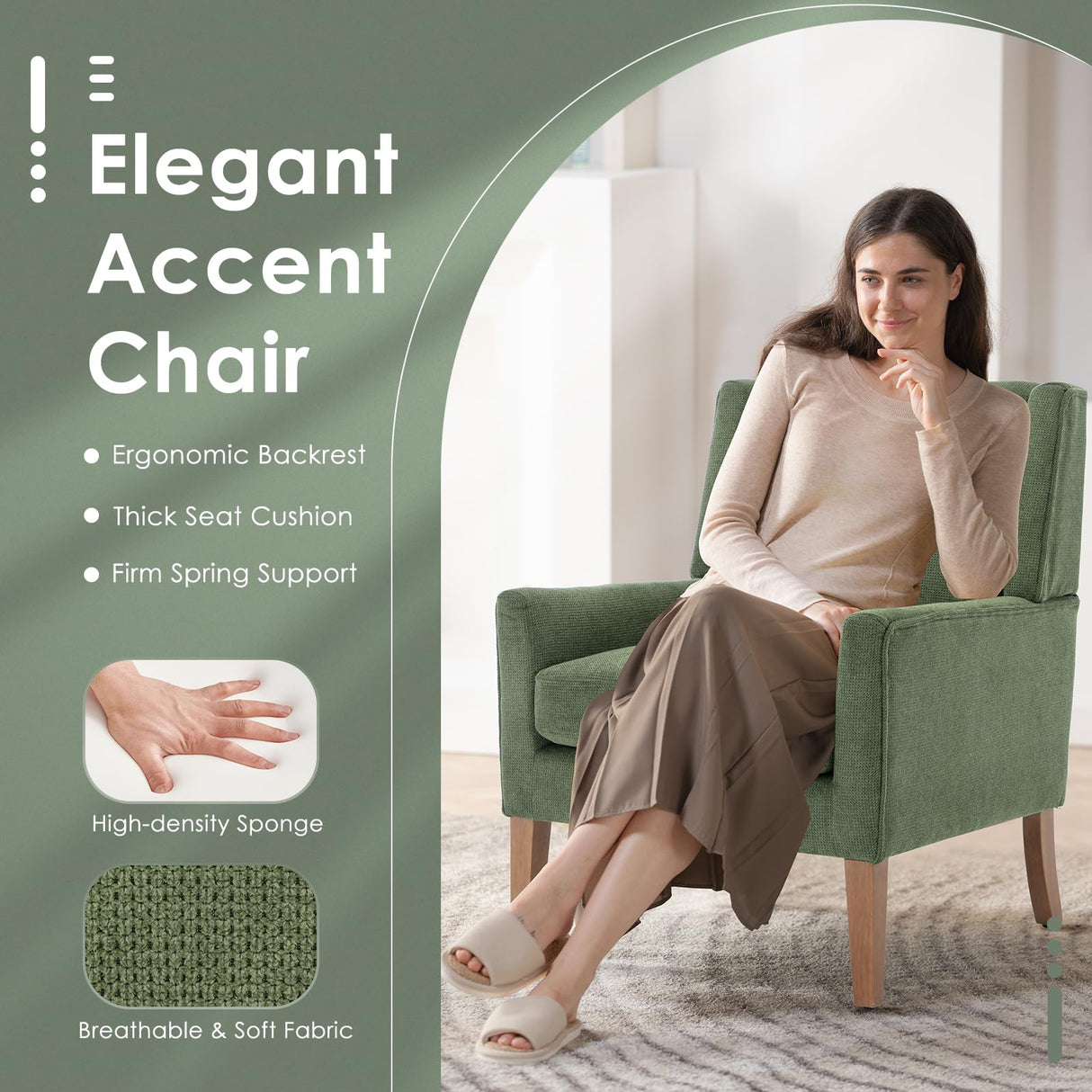 COLAMY Modern Wingback Living Room Chair, Upholstered Fabric Accent Armchair, Single Sofa Chair with Lounge Seat and Wood Legs for Bedroom/Office/Reading Spaces, Green COLAMY