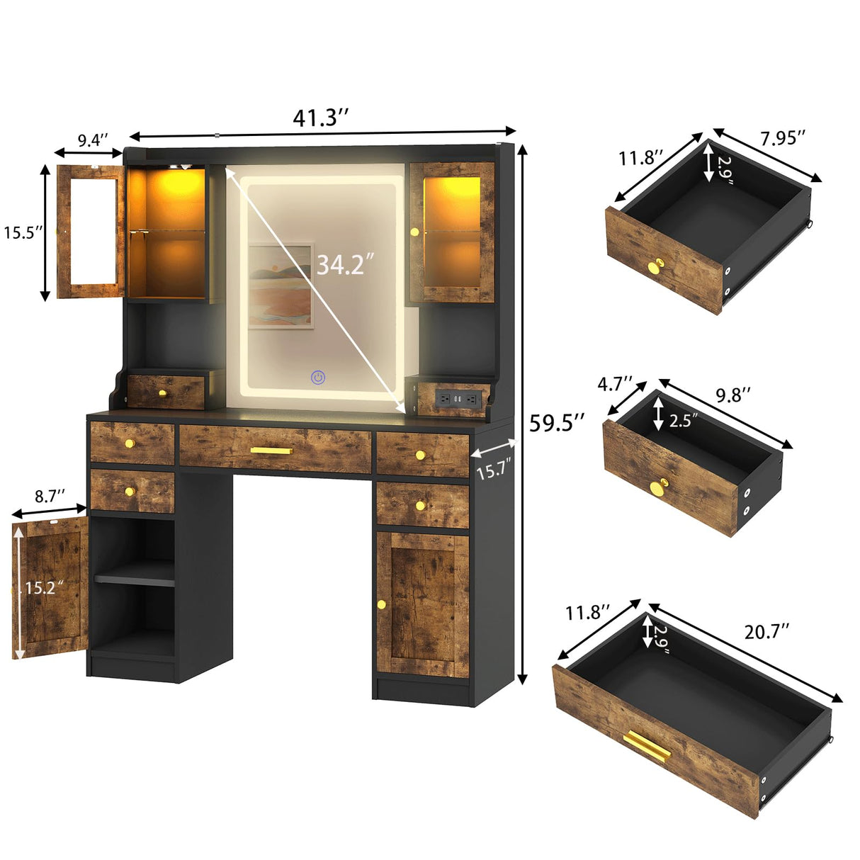 Vanity Desk with Mirror and Power Outlet, 41.3'' Large Make up Vanity Table with 6 Storage Drawers & RGB Cabinets, Dressing Table with 3 LED Lighting Modes Adjustable, for Girls, Women, Rustic Brown Aiguazi