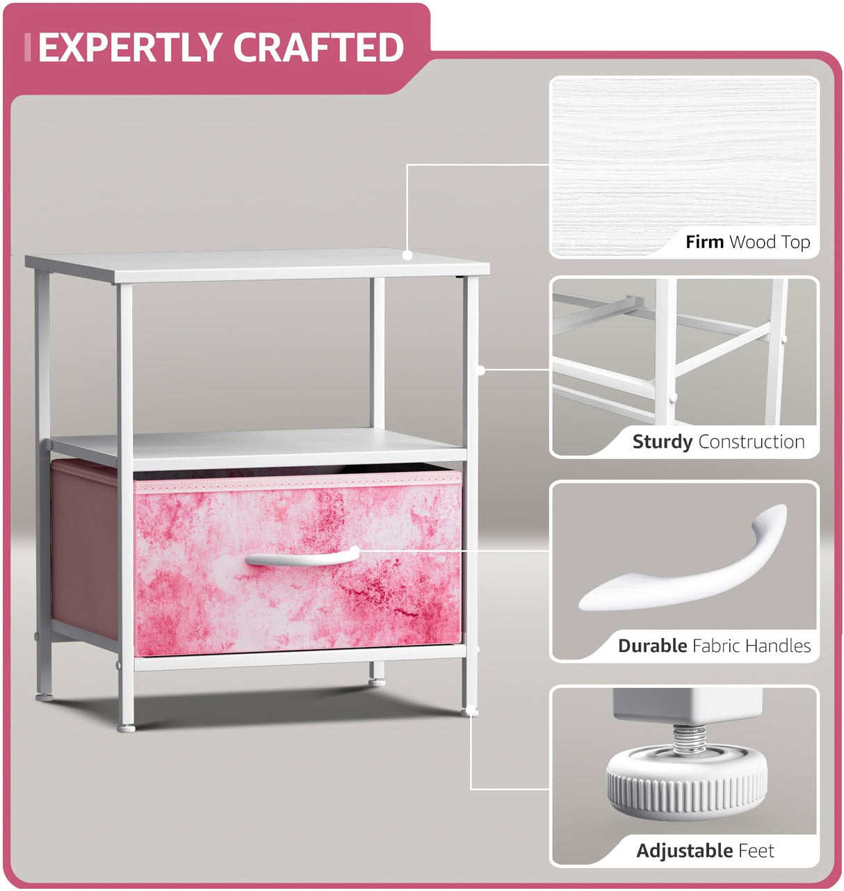 Sorbus 1 Drawer Shelf Storage Nightstand - Kids Bedside Furniture End Table Night Stand with Steel Frame Wood Top & Easy Pull Fabric Bins. Dresser & Chest for Home Bedroom Accessories Office & College Sorbus