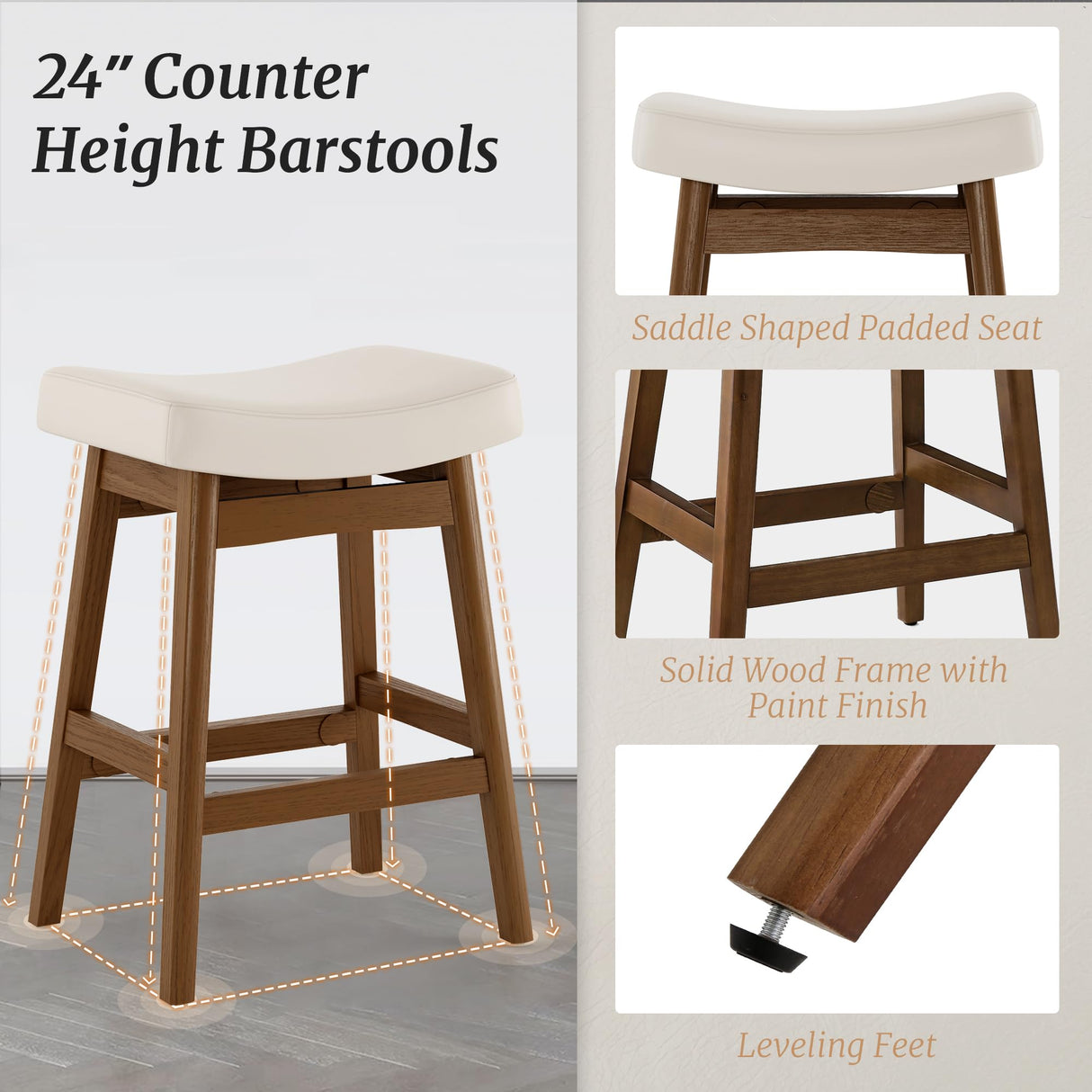 Cozyman Bar Stools Set of 4, Barstools with Sturdy Wood Legs, Saddle Seat Counter Height Bar Stools for Kitchen Counter, Bar, Dining, 24 Inch Farmhouse Counter Stools, Antique White Leather Cozyman