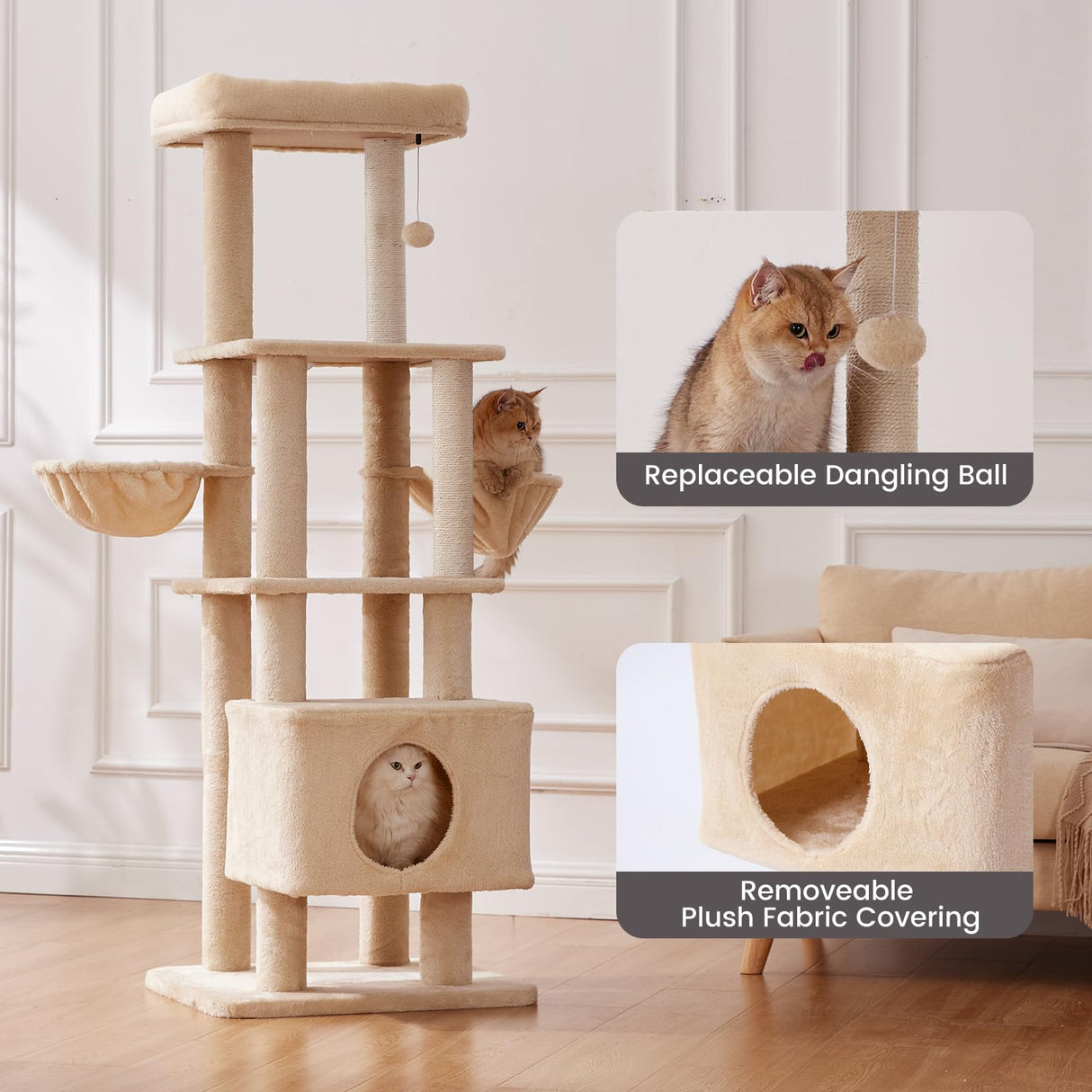 Gardner Pet Cat Tree, 65" Cat Tower with Scratching Post Cat Trees for Indoor Cats Large Adult Modern Cat Tree High Climbing Tower Home Decoration Beige-Basic Gardner Pet