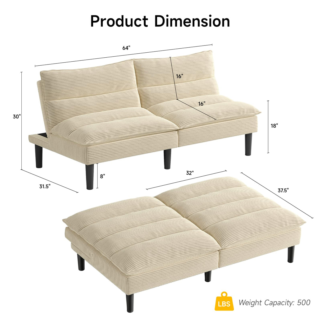 ONBRILL 64" Futon Sofa Bed, Corduroy Sofa Bed Couch with Adjustable Backrest, Convertible Loveseat Sleeper Sofa with Sturdy Wooden Legs, Comfy White Couches for Living Room, Bedroom, Office ONBRILL