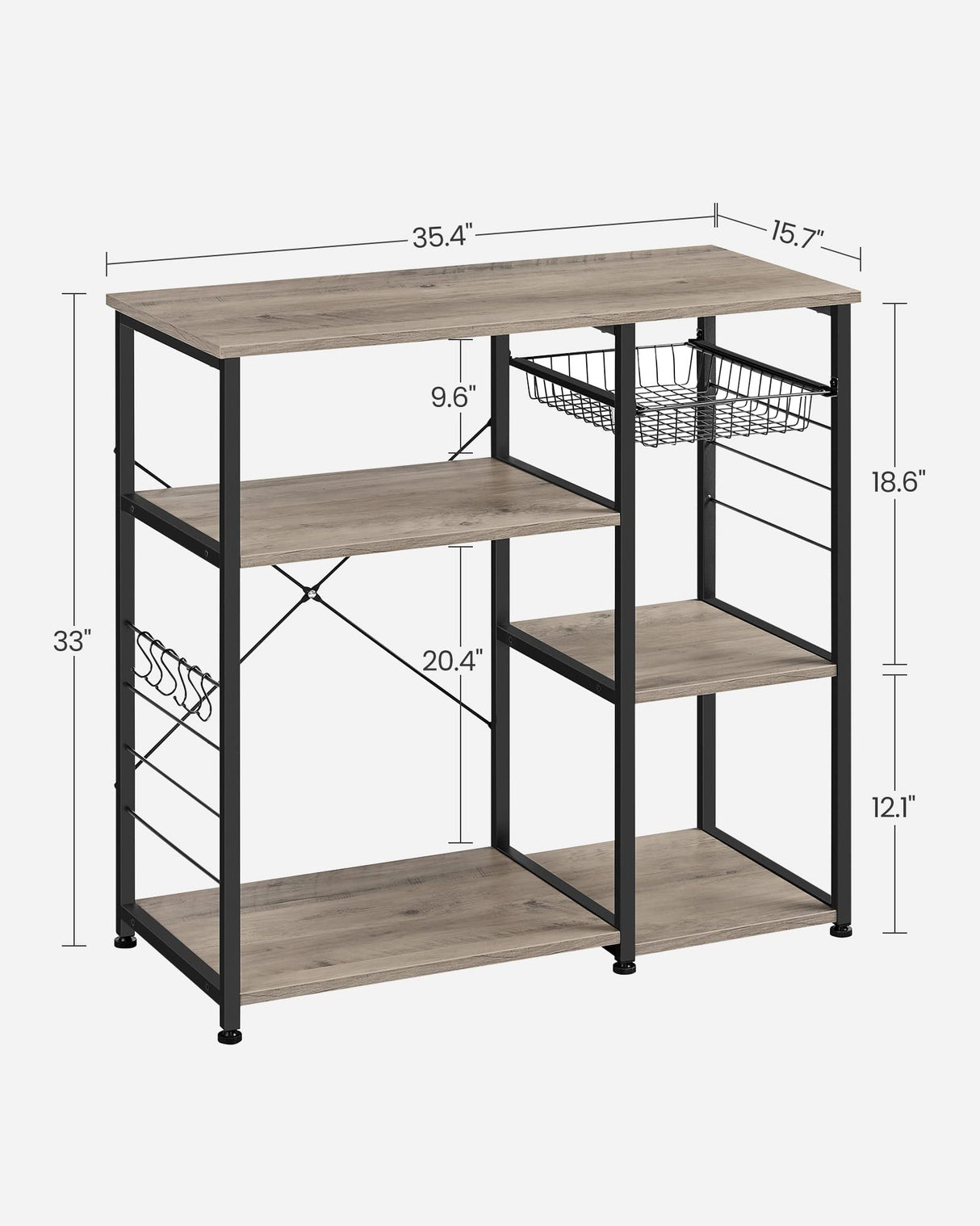 VASAGLE ALINRU Industrial Kitchen Baker's Rack with Wire Basket and Hooks in Greige and Black VASAGLE