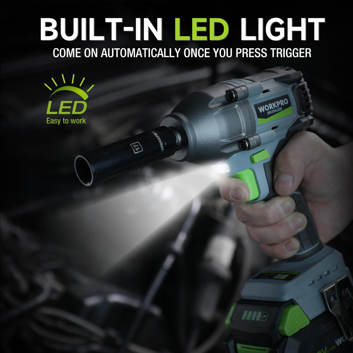 WORKPRO Cordless Impact Wrench 1/2 inch, 20V Brushless Impact Gun, High Torque 370 Ft-Lbs (500N.M), Variable Speeds, with 4.0 Ah Battery, Fast Charger, 4 Impact Sockets and Storage Case WORKPRO