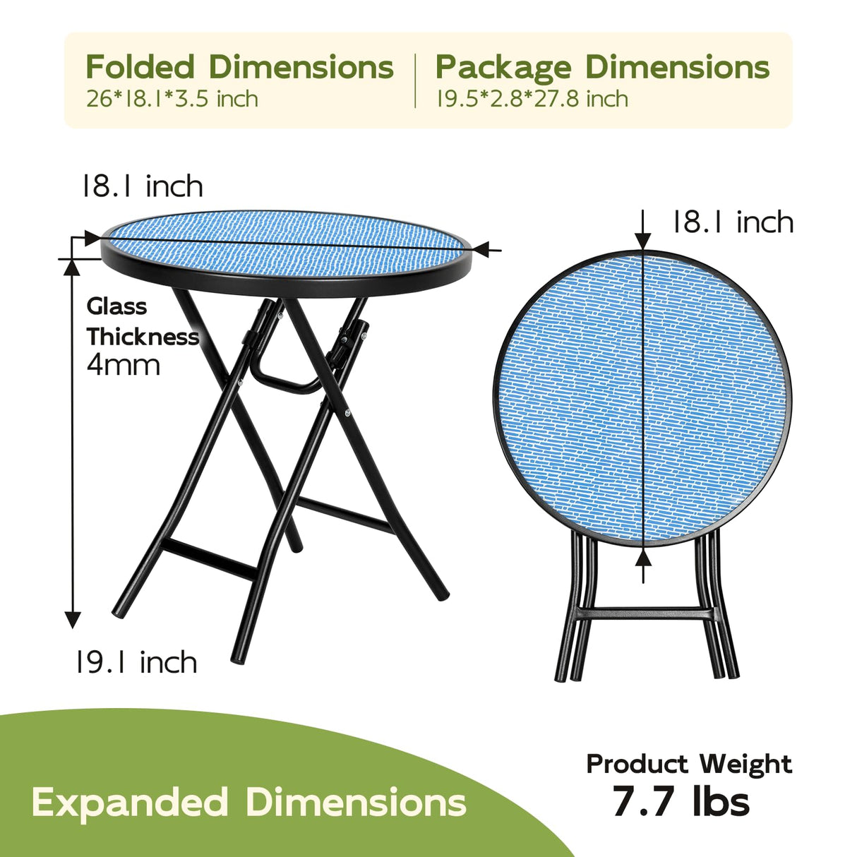 Abba Patio Bistro Table,18" Round Folding Side Table with Tempered Glass Tabletop,Small End Table for Outdoor Indoor Yard Garden Balcony Coffee,Blue Abba Patio